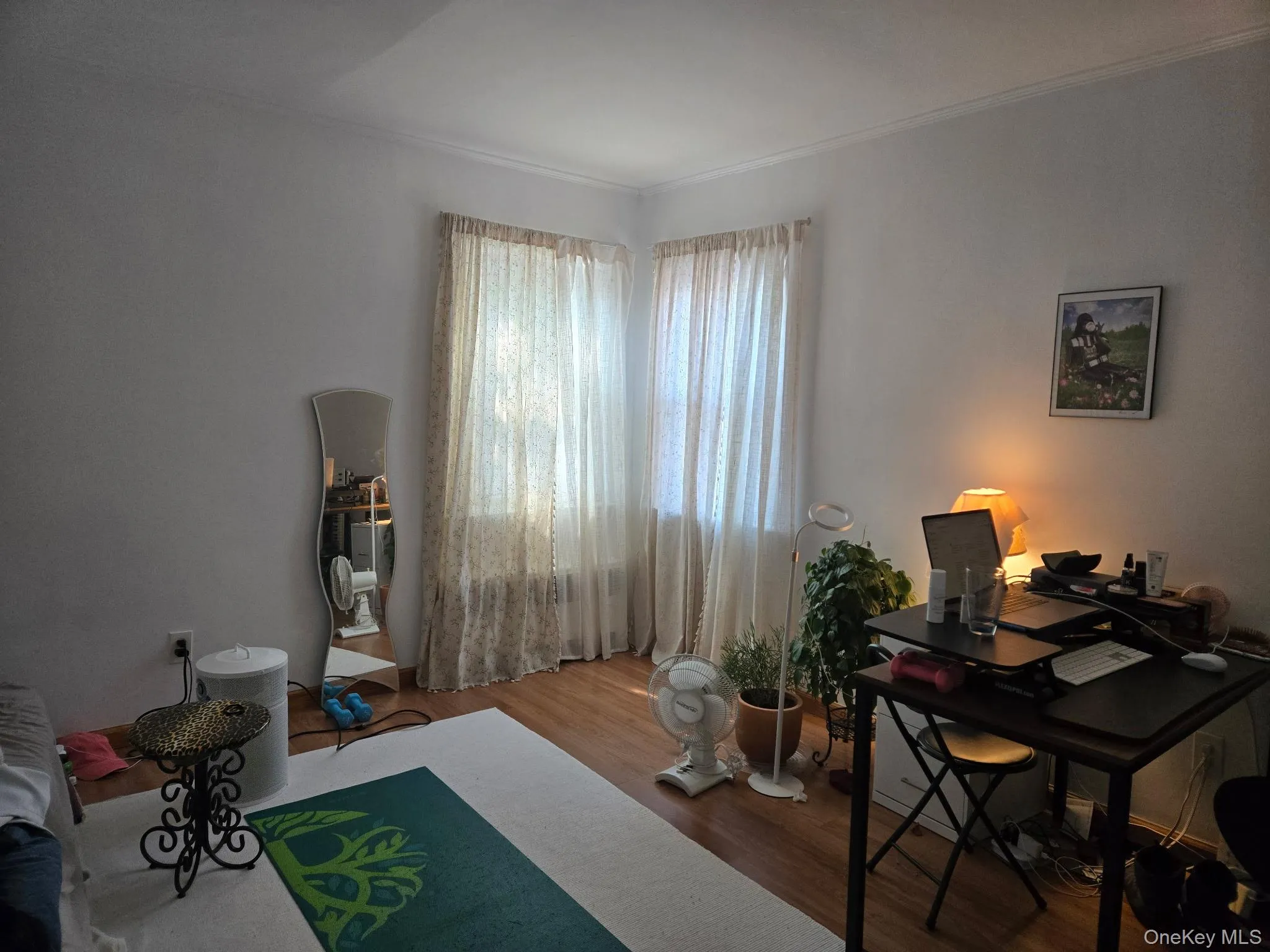 Room featuring wood-finish flooring, white walls, and crown molding Room featuring wood-finish flooring, white walls, and crown molding