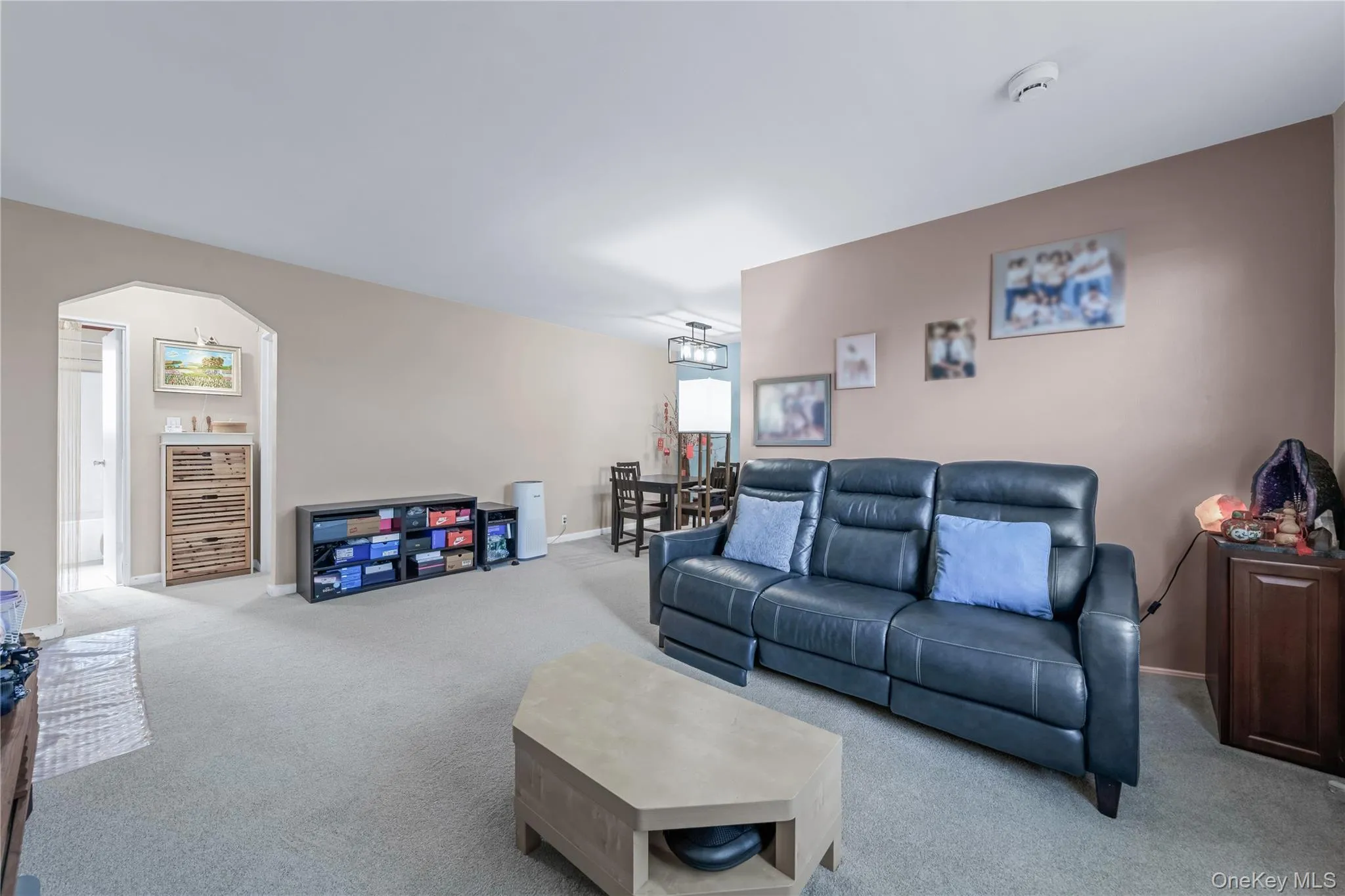 Living area featuring carpet flooring and arched walkways Living area featuring carpet flooring and arched walkways