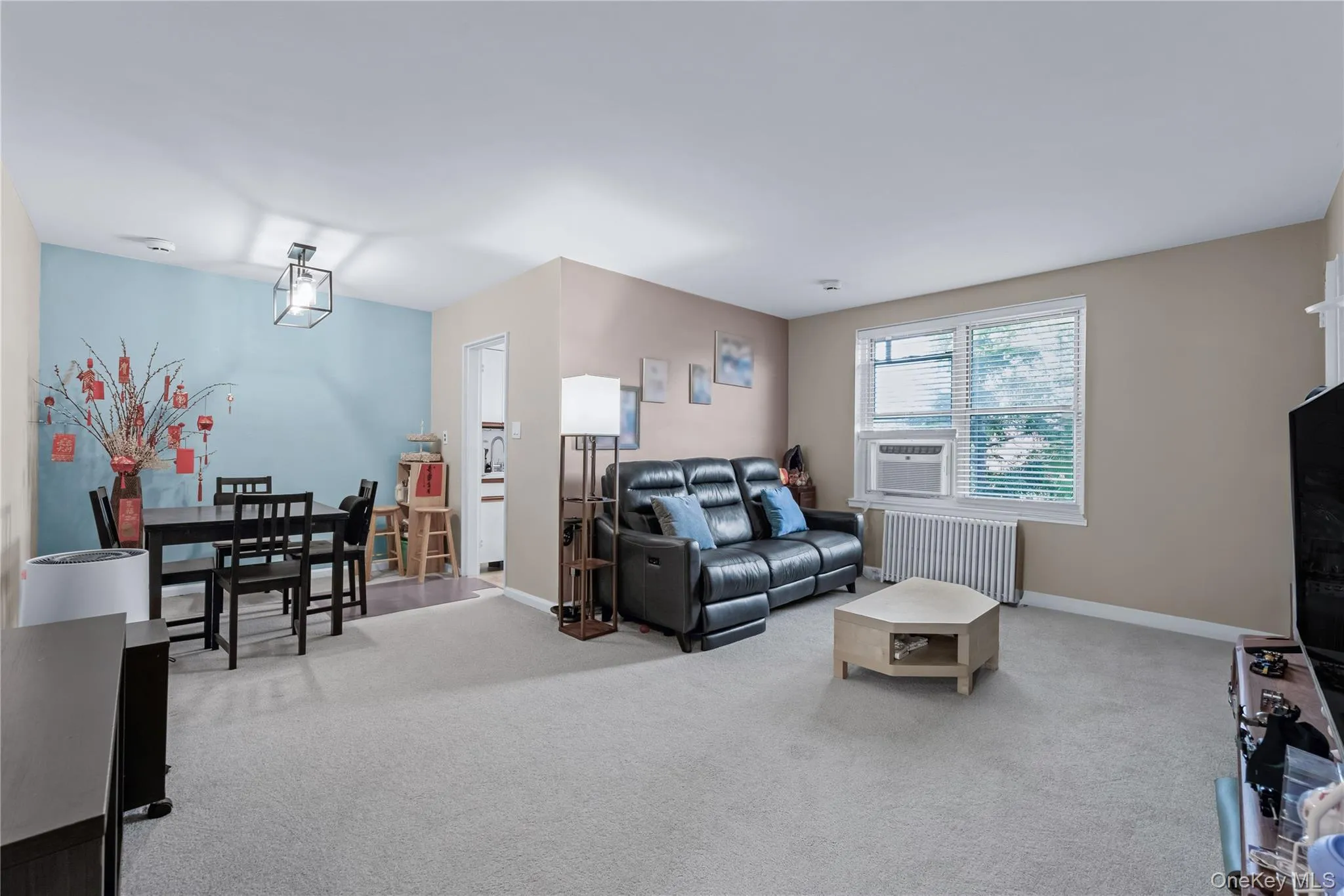 Carpeted living room featuring radiator and baseboards Carpeted living room featuring radiator and baseboards