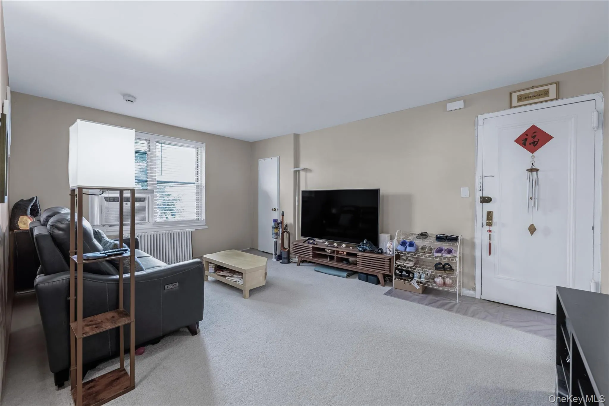 Living area with carpet flooring and radiator Living area with carpet flooring and radiator