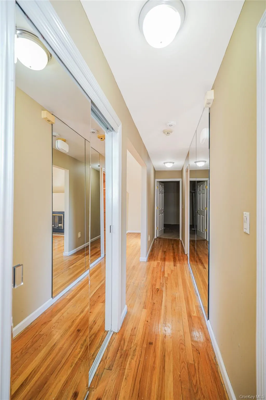 Hallway featuring wood-finish flooring, mirrored closet doors, and flush-mount ceiling lighting Hallway featuring wood-finish flooring, mirrored closet doors, and flush-mount ceiling lighting