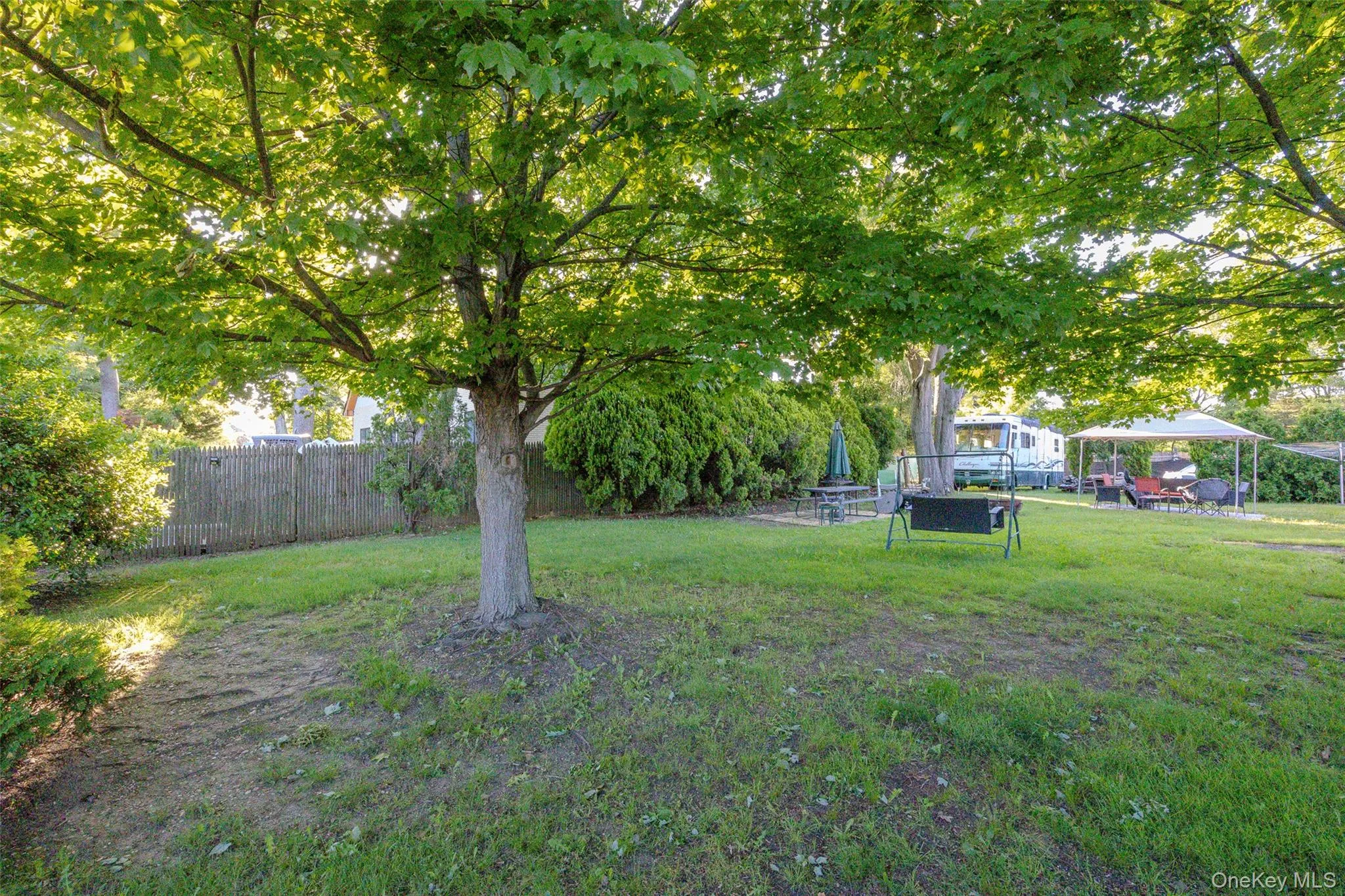 Huge backyard framed by trees and a wooden privacy fence, established shrubbery, and a broad grassy area Huge backyard framed by trees and a wooden privacy fence, established shrubbery, and a broad grassy area