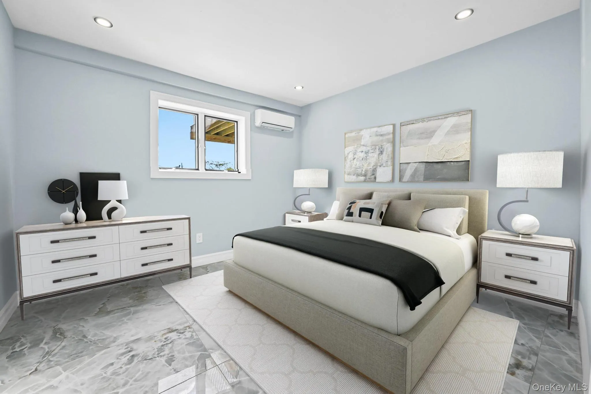 Bedroom featuring recessed lighting and a wall mounted air conditioner Bedroom featuring recessed lighting and a wall mounted air conditioner