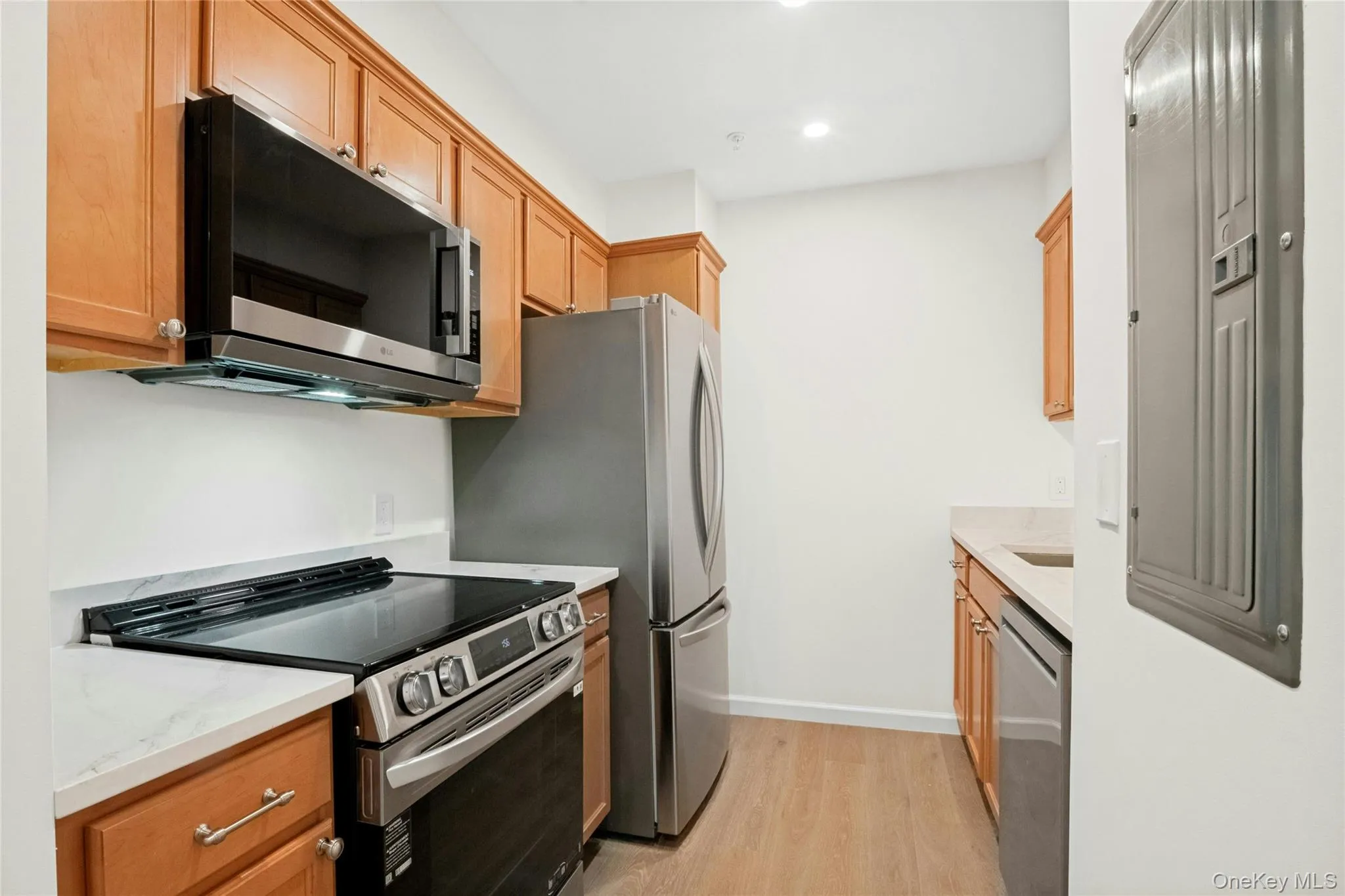 Alternative view of kitchen with all new stainless steel LG appliances, white quartz countertops, and brushed metal hardware Alternative view of kitchen with all new stainless steel LG appliances, white quartz countertops, and brushed metal hardware