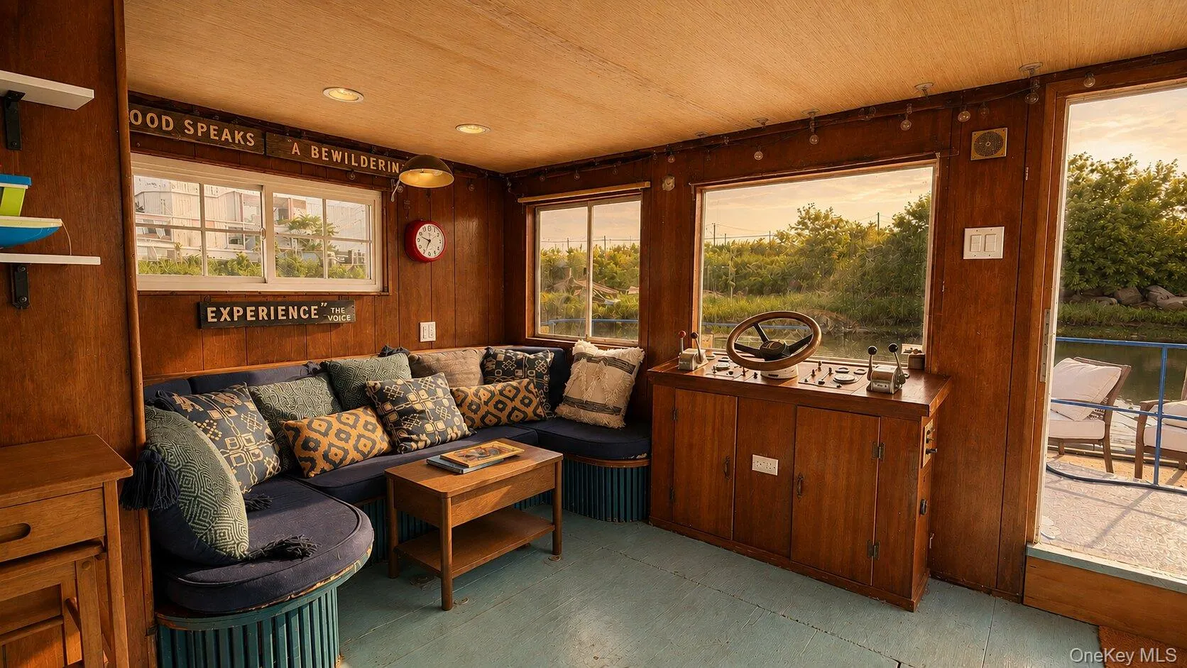 Interior cabin space featuring wood paneling, multiple windows, a steering station Interior cabin space featuring wood paneling, multiple windows, a steering station