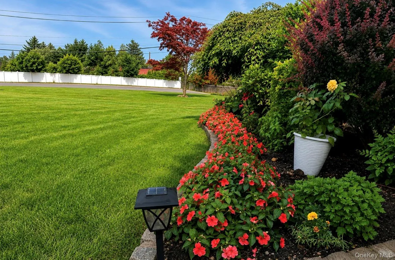 Manicured lawn with a curved planting bed featuring vibrant red and yellow blooms Manicured lawn with a curved planting bed featuring vibrant red and yellow blooms