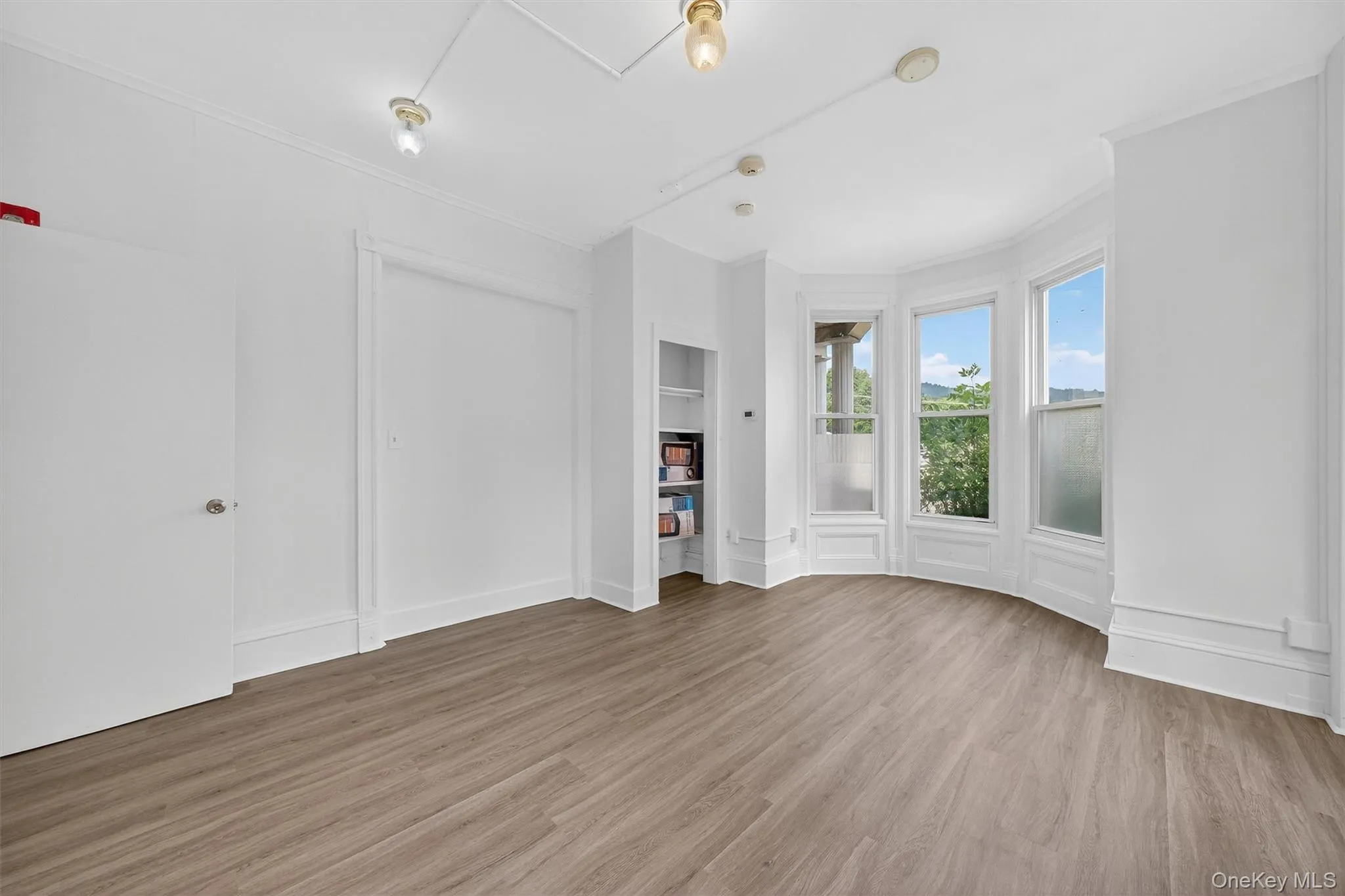 Unfurnished living room featuring light wood-style floors and crown molding Unfurnished living room featuring light wood-style floors and crown molding