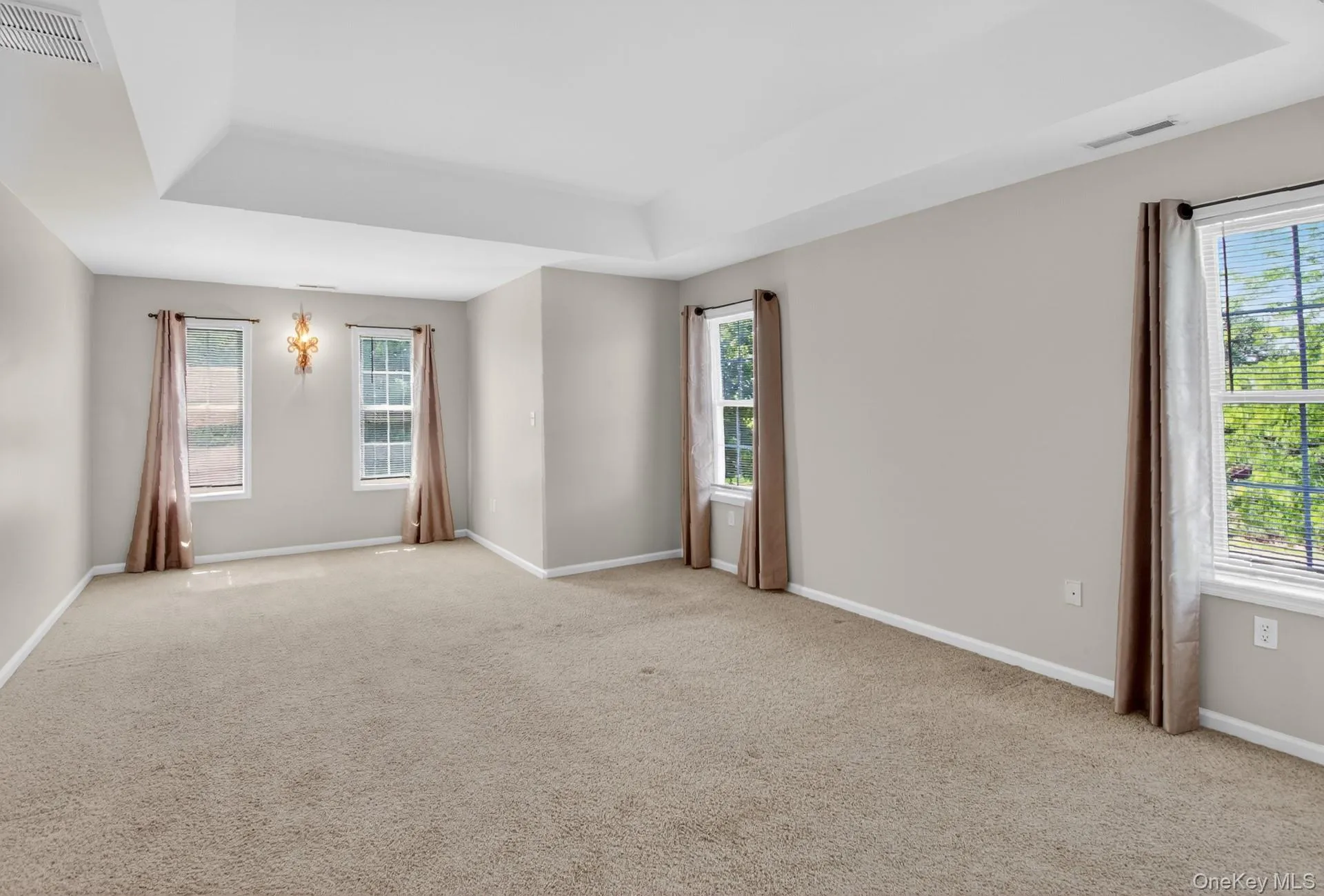 Spacious room featuring a tray ceiling, light neutral-toned walls, and soft carpet flooring Spacious room featuring a tray ceiling, light neutral-toned walls, and soft carpet flooring