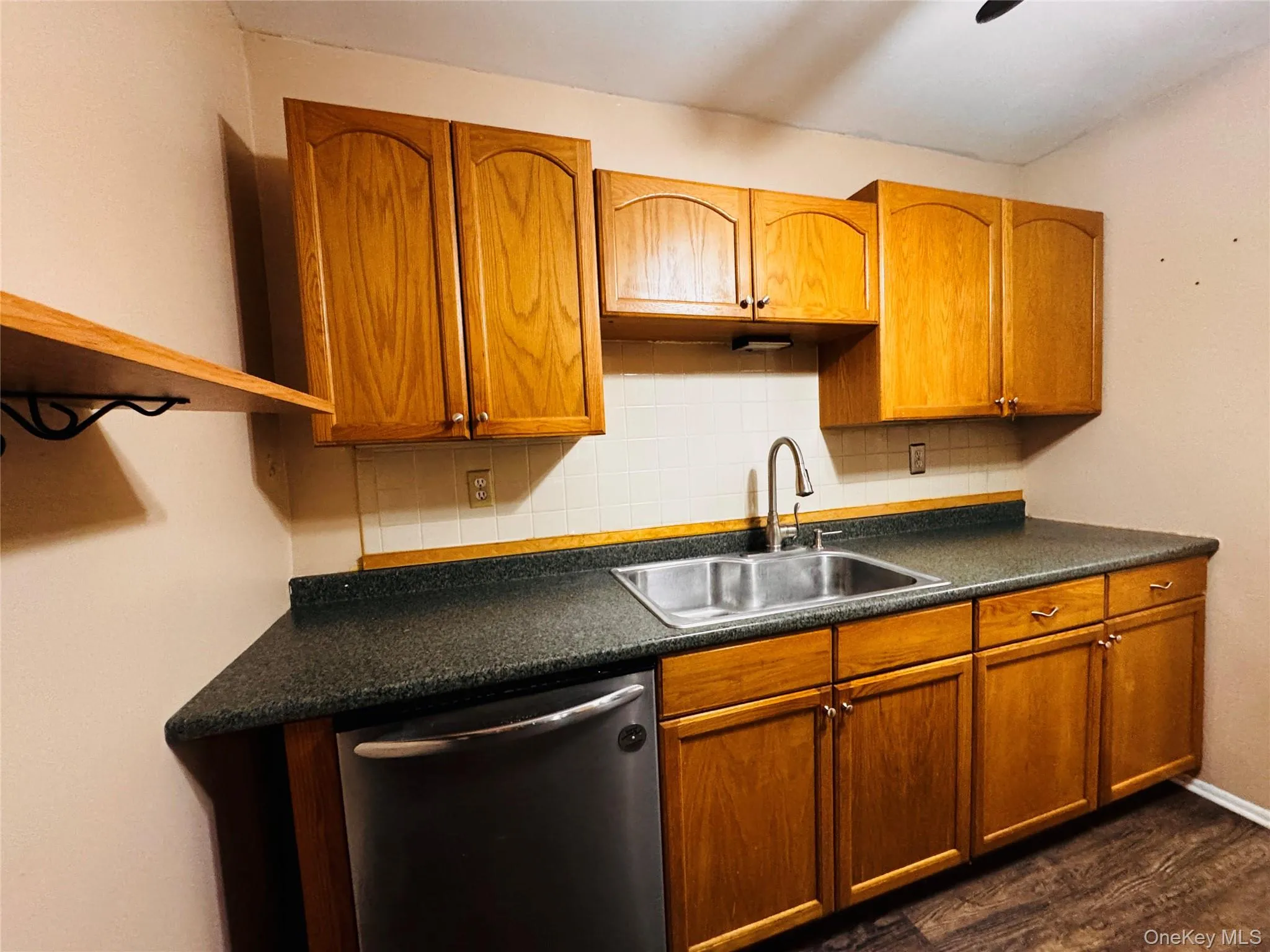 Kitchen with stainless steel dishwasher and large sink. Kitchen with stainless steel dishwasher and large sink.