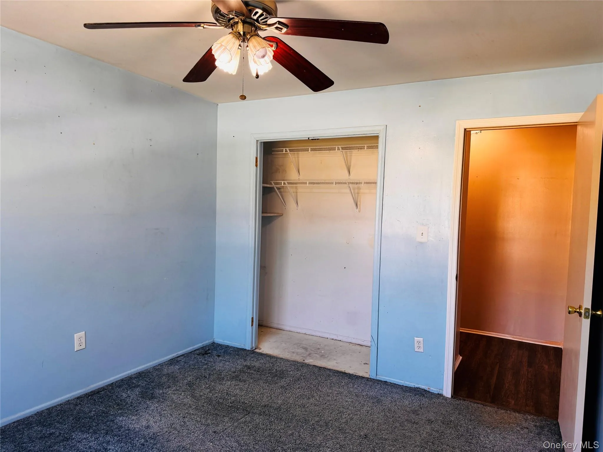 Bedroom with large closet and fan. Bedroom with large closet and fan.