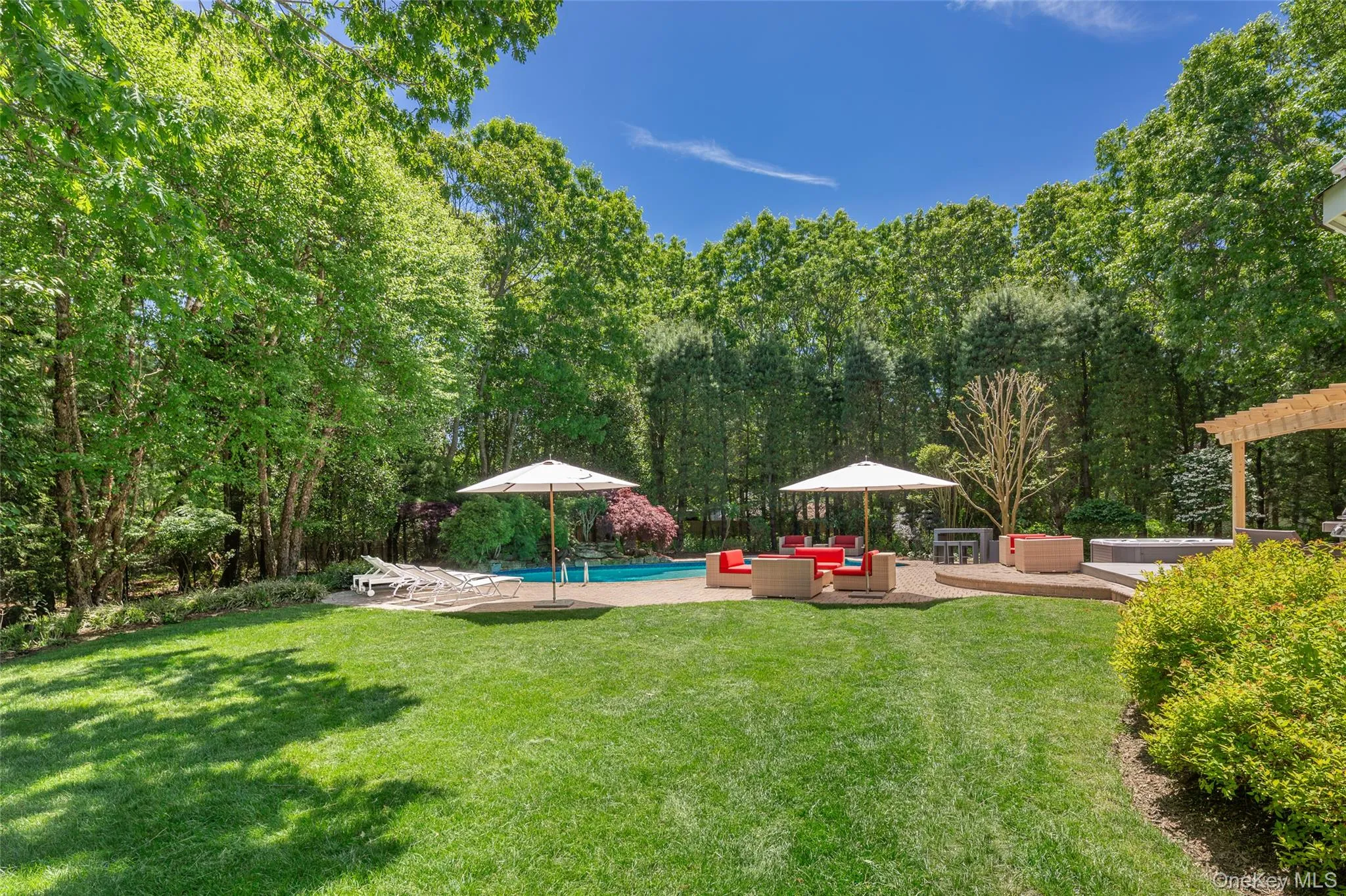 Expansive backyard featuring a lush lawn, inground pool, and surrounding mature trees Expansive backyard featuring a lush lawn, inground pool, and surrounding mature trees