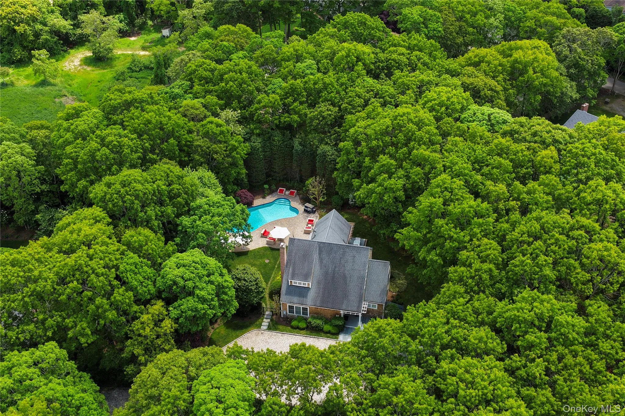 Aerial perspective showcasing a property surrounded by mature trees, featuring a prominent blue swimming pool Aerial perspective showcasing a property surrounded by mature trees, featuring a prominent blue swimming pool