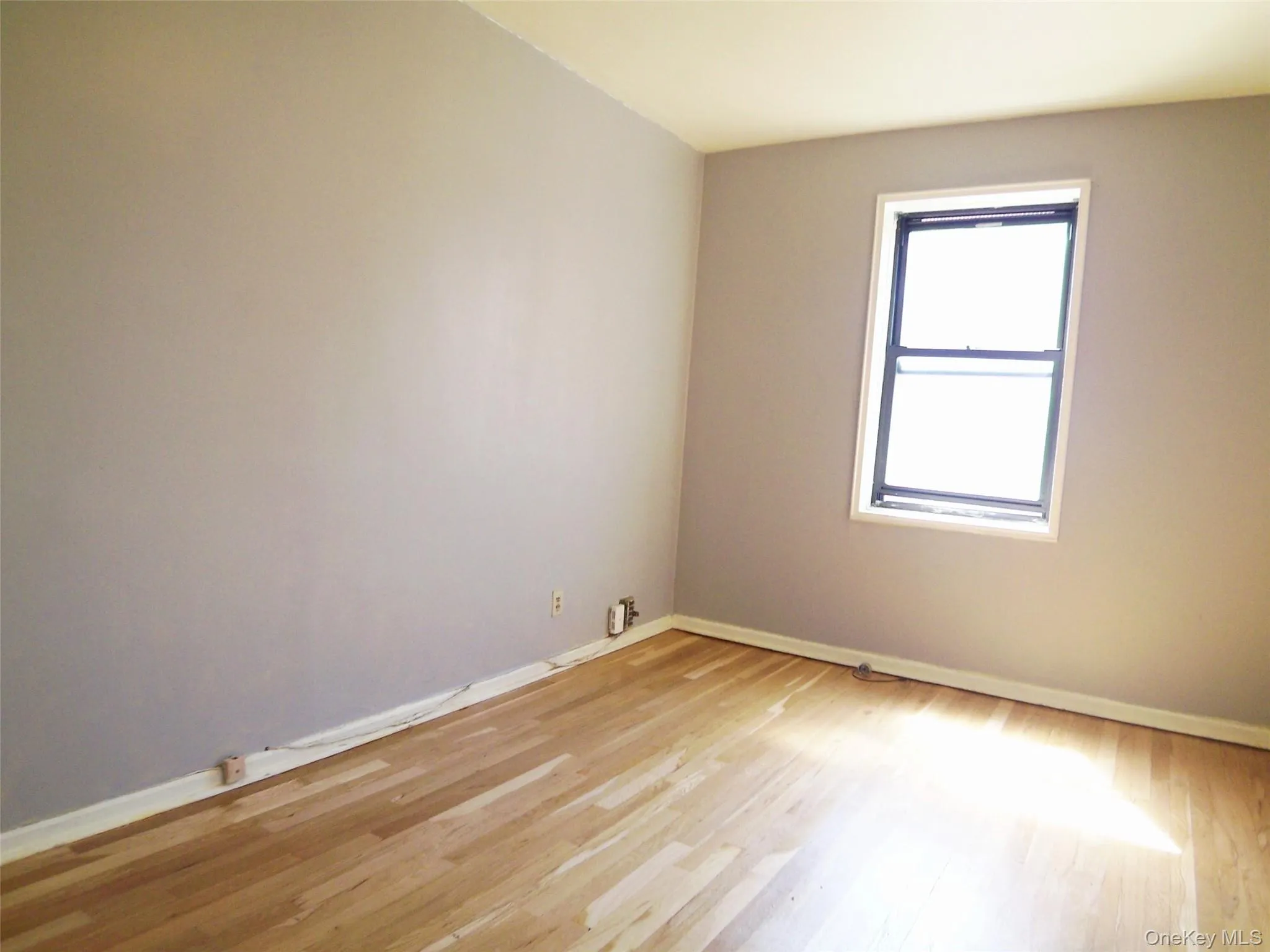 Hardwood-style flooring extends throughout this room, complemented by a single window with white trim Hardwood-style flooring extends throughout this room, complemented by a single window with white trim