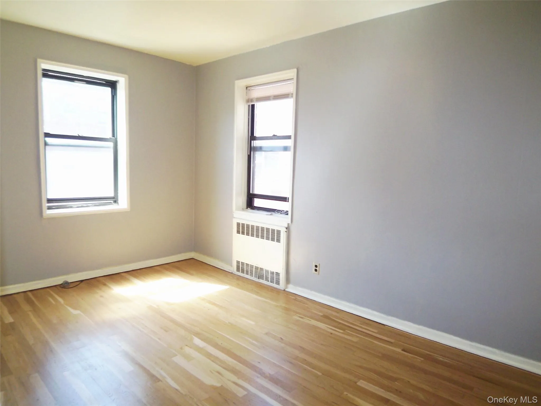 Spacious room featuring wood-finish flooring, light grey wall finish, white baseboards, and two windows Spacious room featuring wood-finish flooring, light grey wall finish, white baseboards, and two windows
