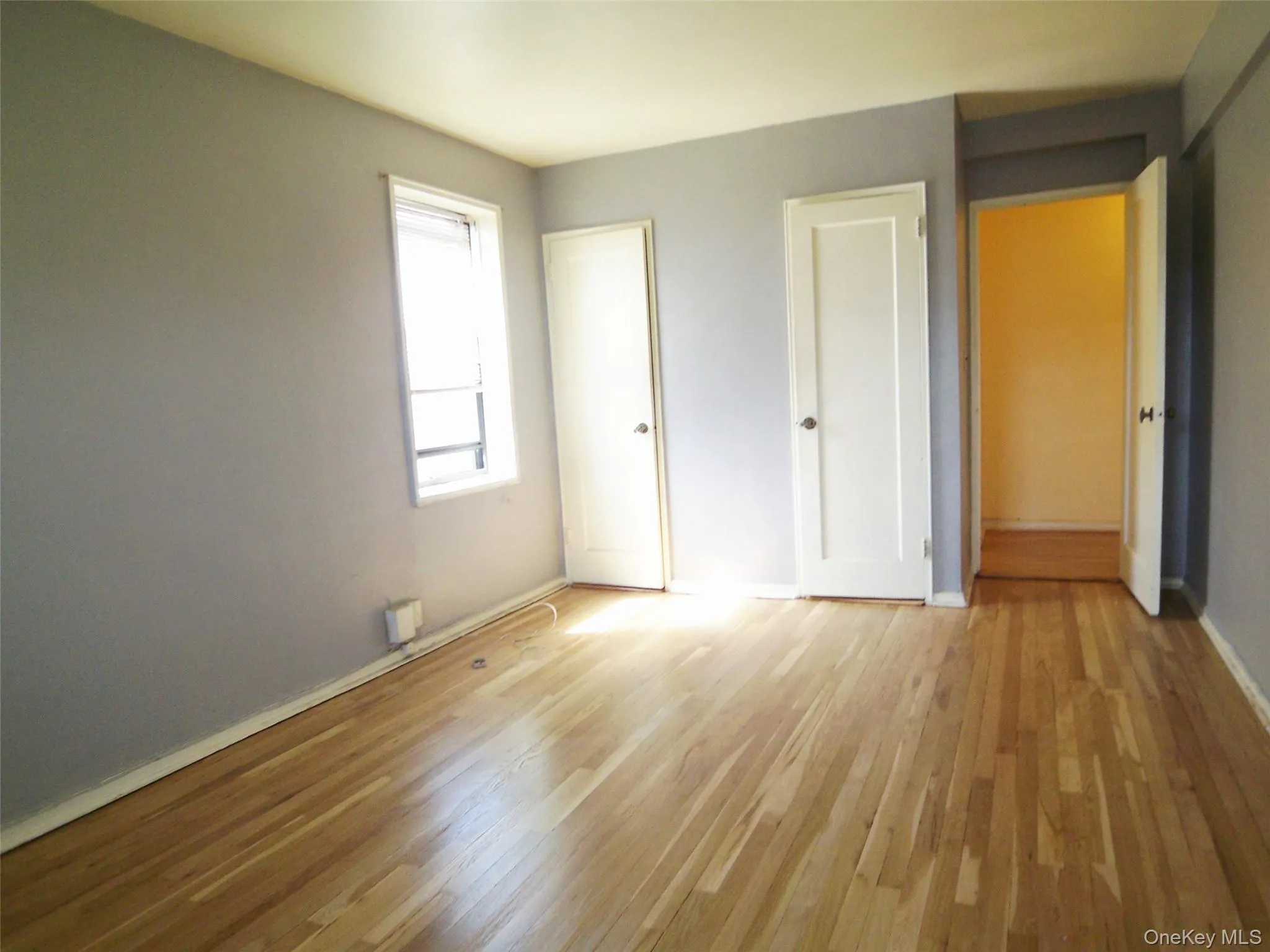 Room with light gray walls and wood-finish flooring Room with light gray walls and wood-finish flooring