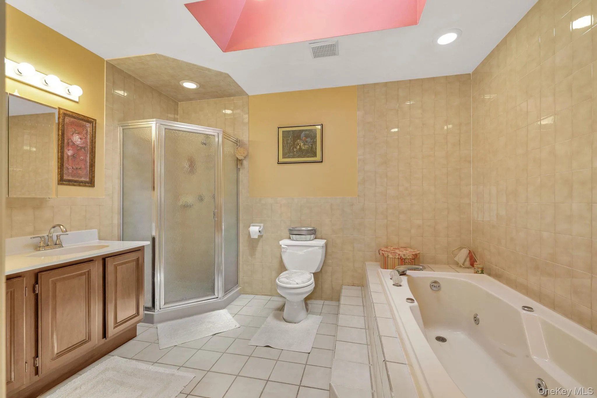 Large primary bathroom with jacuzzi tub, shower, and skylight. Large primary bathroom with jacuzzi tub, shower, and skylight.