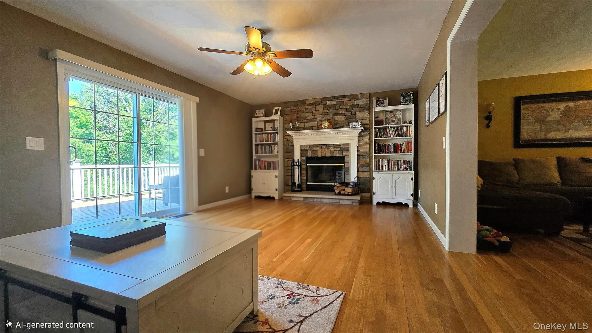 Family room with new sliders takes you to back deck. It showcases a fireplace and hardwood floors. Family room with new sliders takes you to back deck. It showcases a fireplace and hardwood floors.