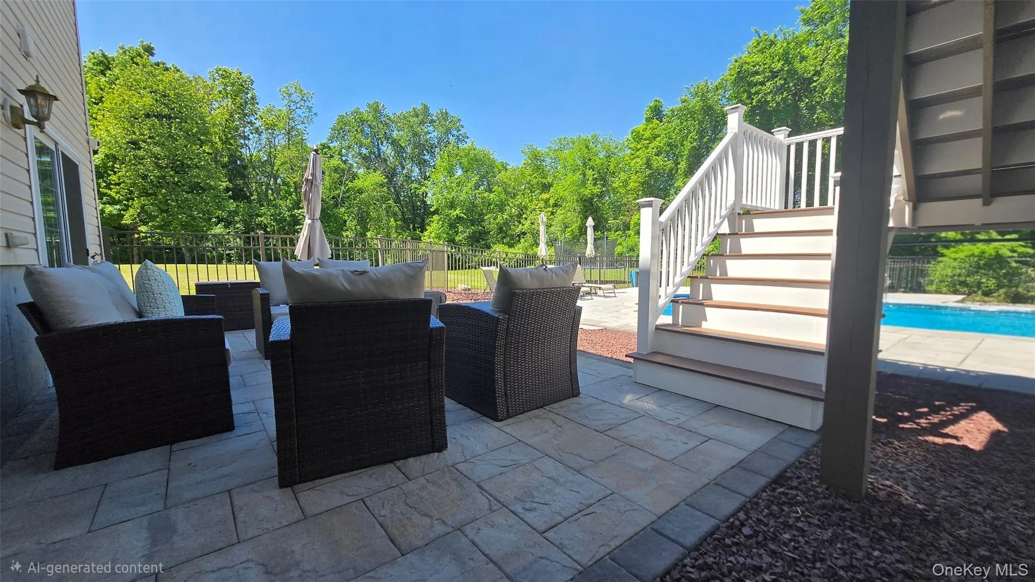 Great patio by the pool and staircase to main level. Great patio by the pool and staircase to main level.