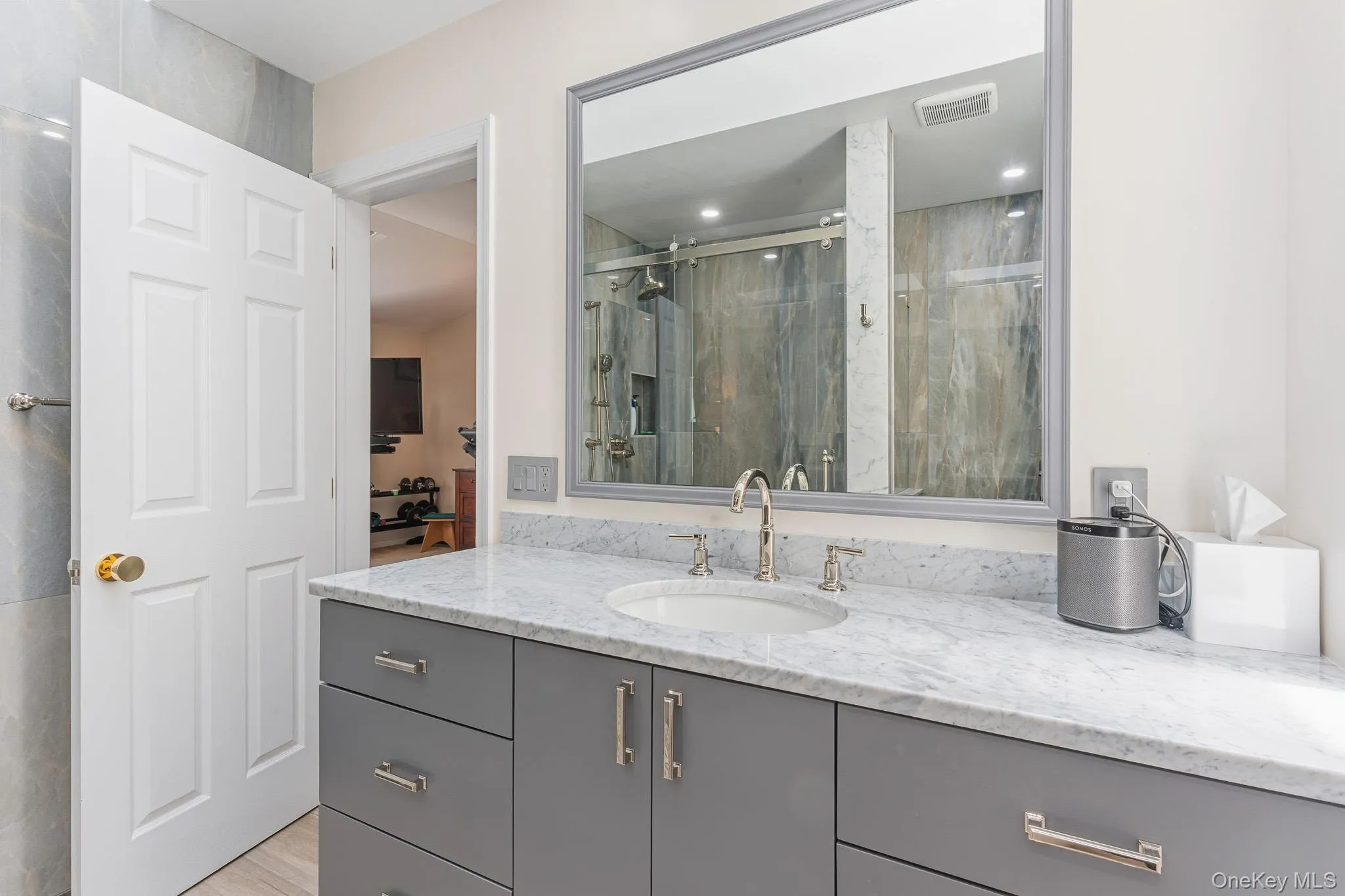 The Handmade, Custom Oversized Stone Topped Vanity & All High End Upgraded Fixtures In The Magnificent Completely Renovated Primary Bathroom. The Handmade, Custom Oversized Stone Topped Vanity & All High End Upgraded Fixtures In The Magnificent Completely Renovated Primary Bathroom.