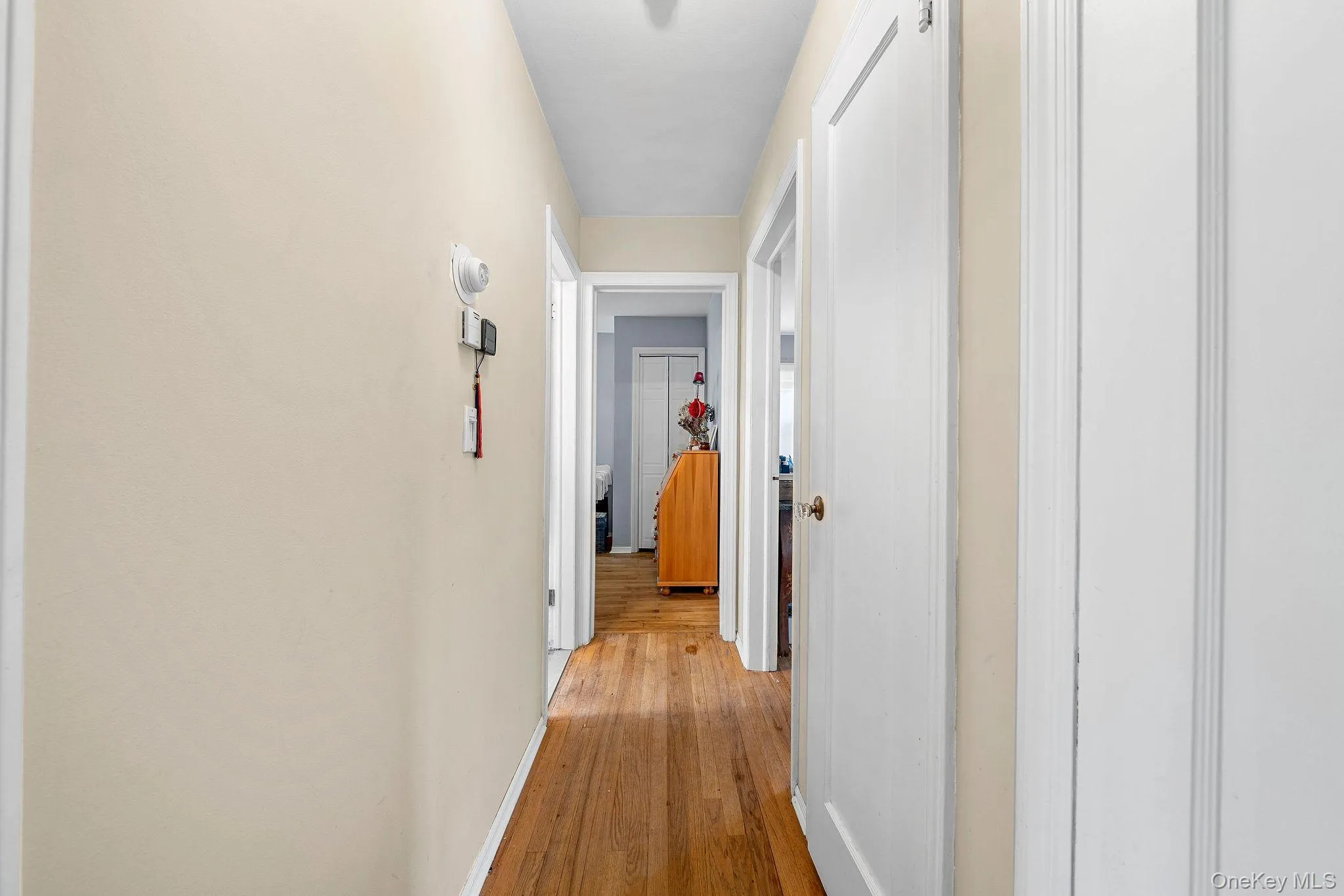 First Floor Hallway. Basement Door is First on The Right, Bathroom Door on Left. Primary Bedroom is Second Door on the Right. Second Bedroom straight ahead. First Floor Hallway. Basement Door is First on The Right, Bathroom Door on Left. Primary Bedroom is Second Door on the Right. Second Bedroom straight ahead.