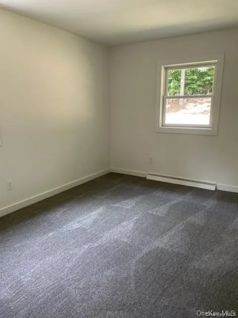 Unfurnished room with dark colored carpet and baseboard heating Unfurnished room with dark colored carpet and baseboard heating
