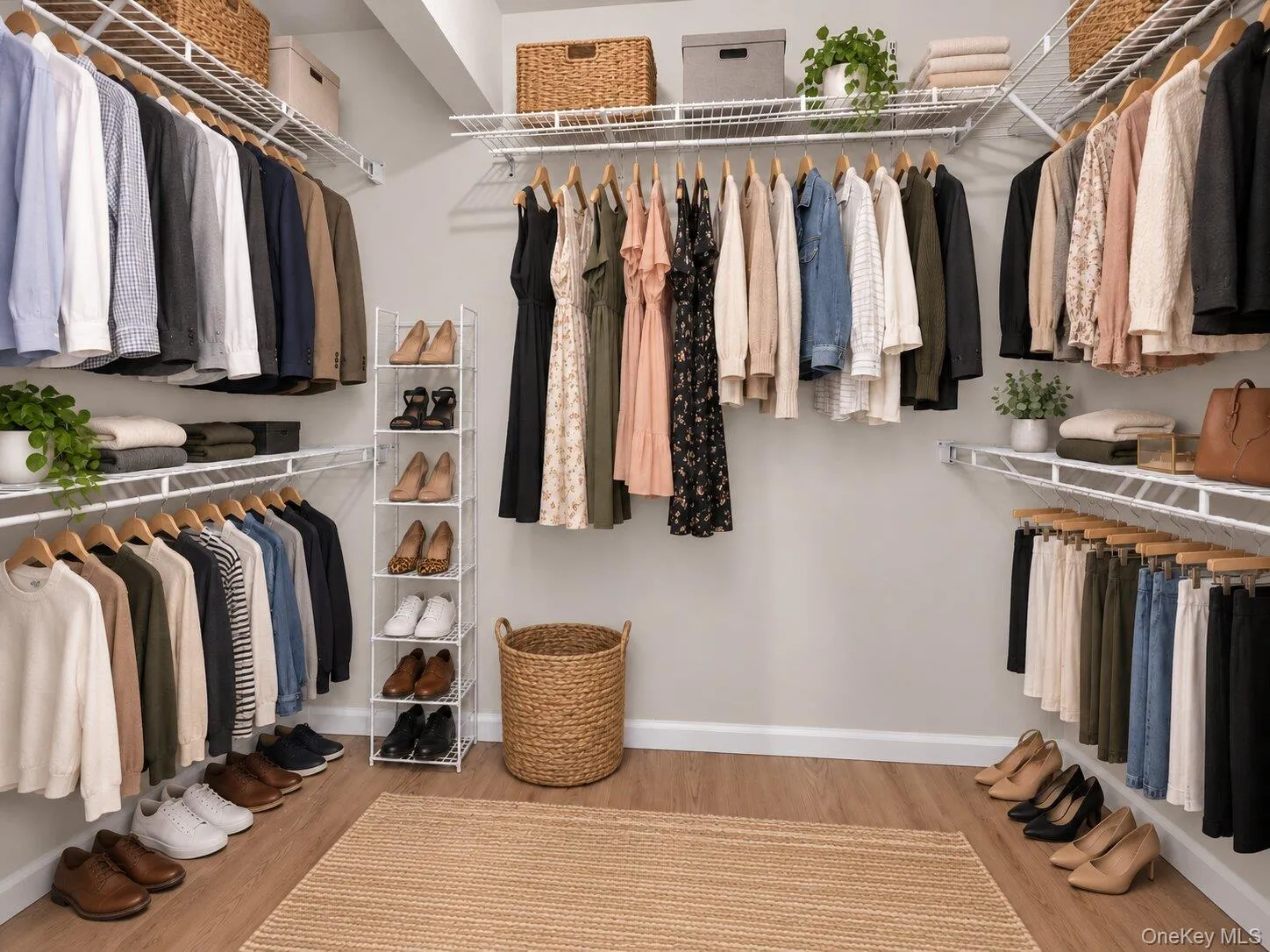 Virtually Staged. Spacious walk-in closet with wraparound shelving and hanging space, plus light wood flooring. Virtually Staged. Spacious walk-in closet with wraparound shelving and hanging space, plus light wood flooring.