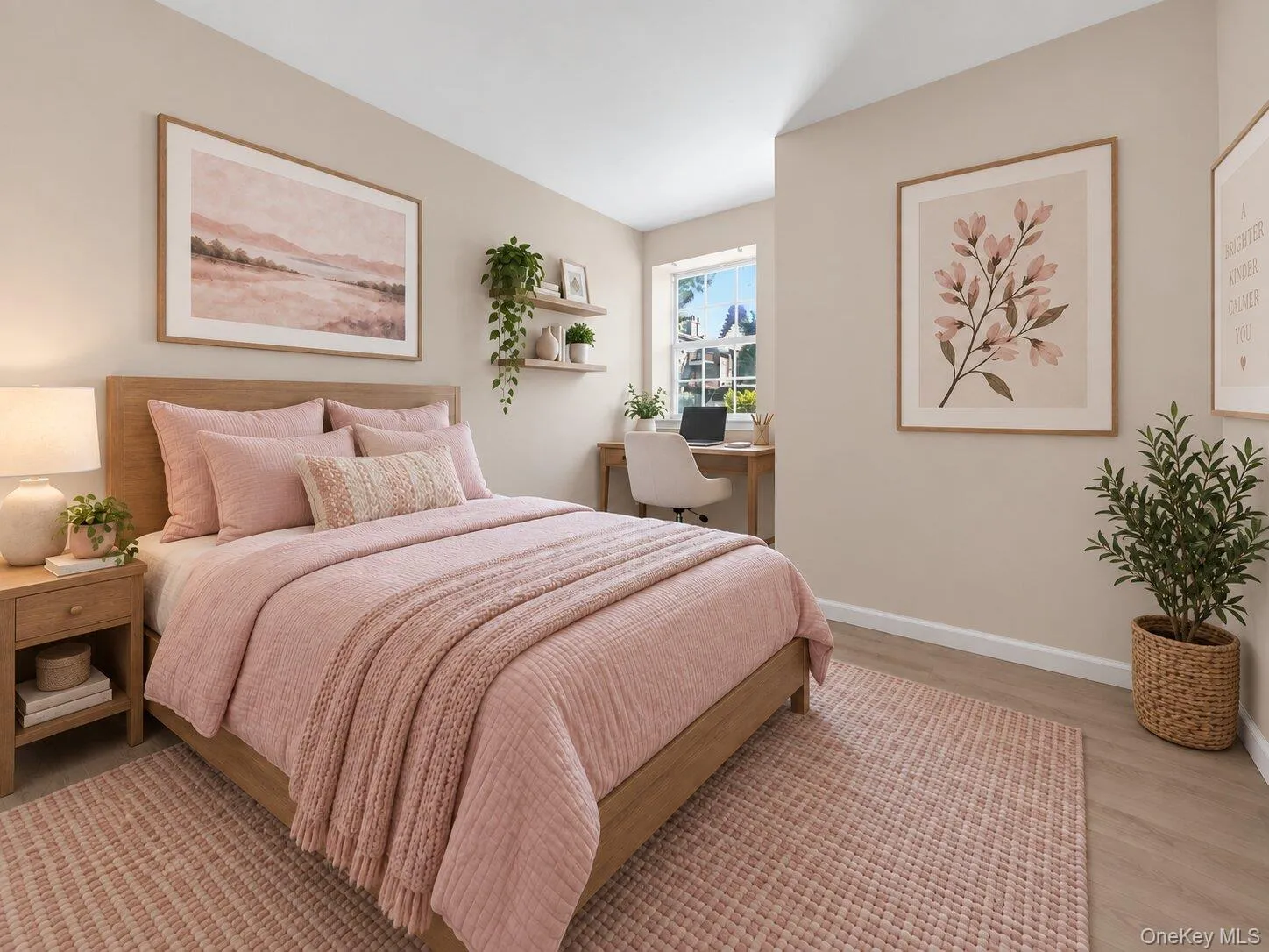Virtually Staged. Bright secondary bedroom with light wood flooring, window, and space for a desk or study area Virtually Staged. Bright secondary bedroom with light wood flooring, window, and space for a desk or study area