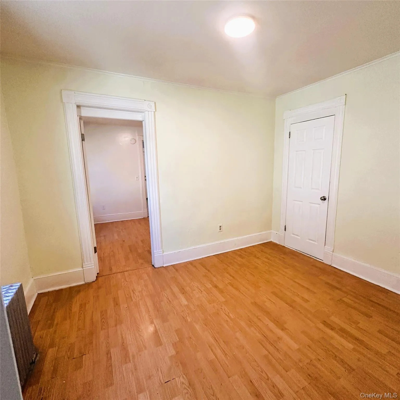 Vinyl flooring, radiator, light fixture, closet. Vinyl flooring, radiator, light fixture, closet.