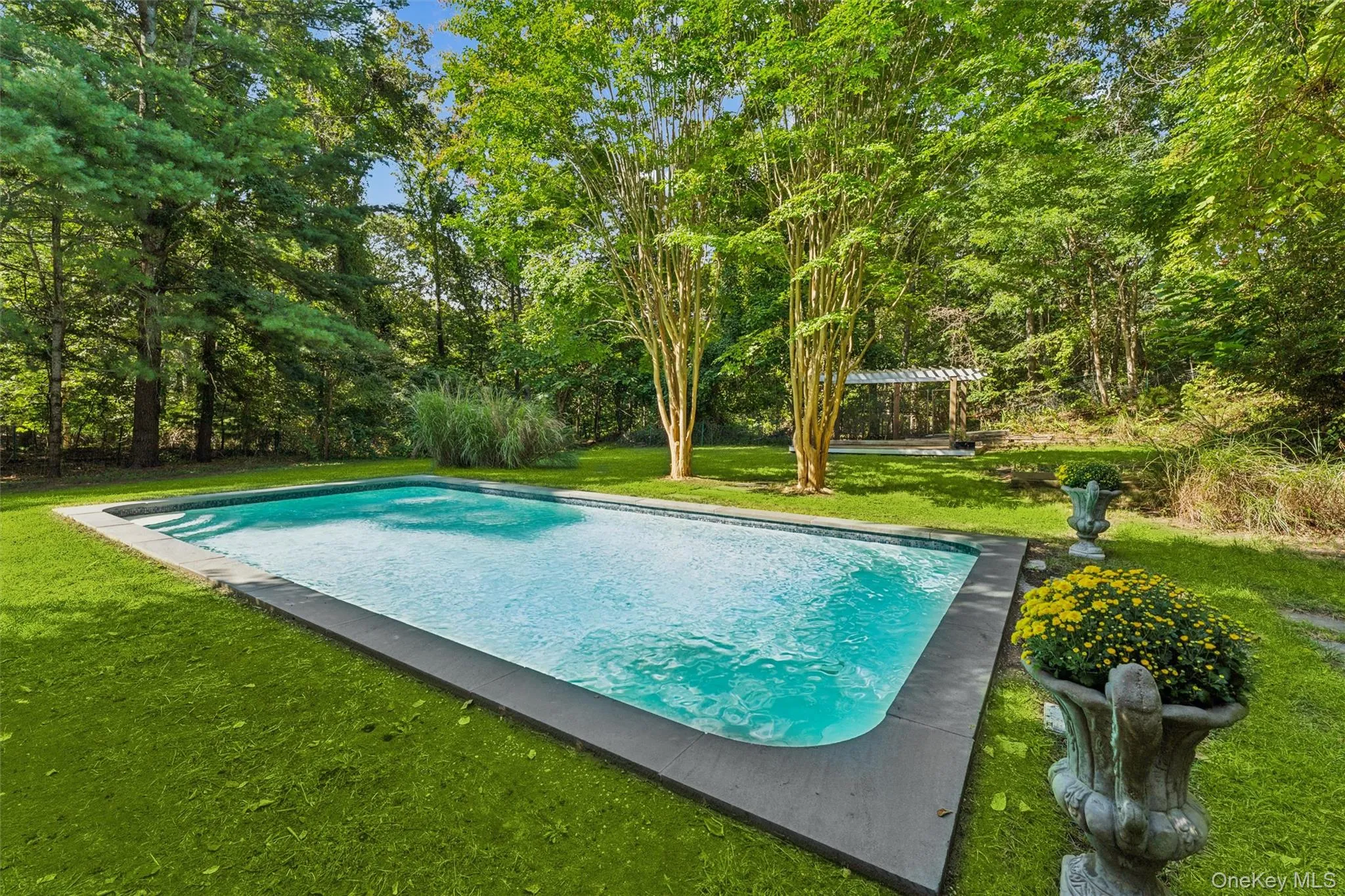 Rectangular inground pool with dark coping Rectangular inground pool with dark coping