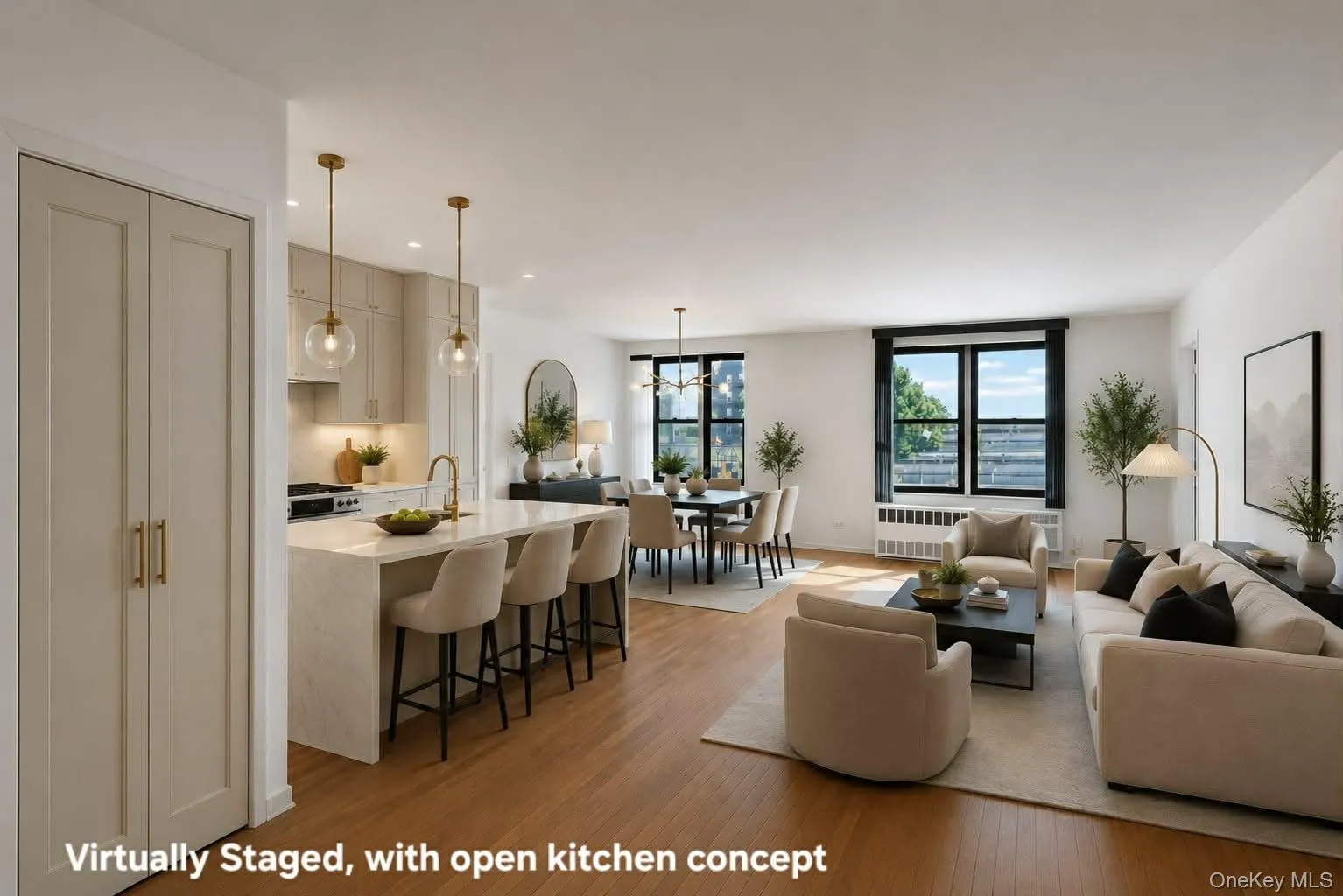 Virtually staged living room with open kitchen layout Virtually staged living room with open kitchen layout