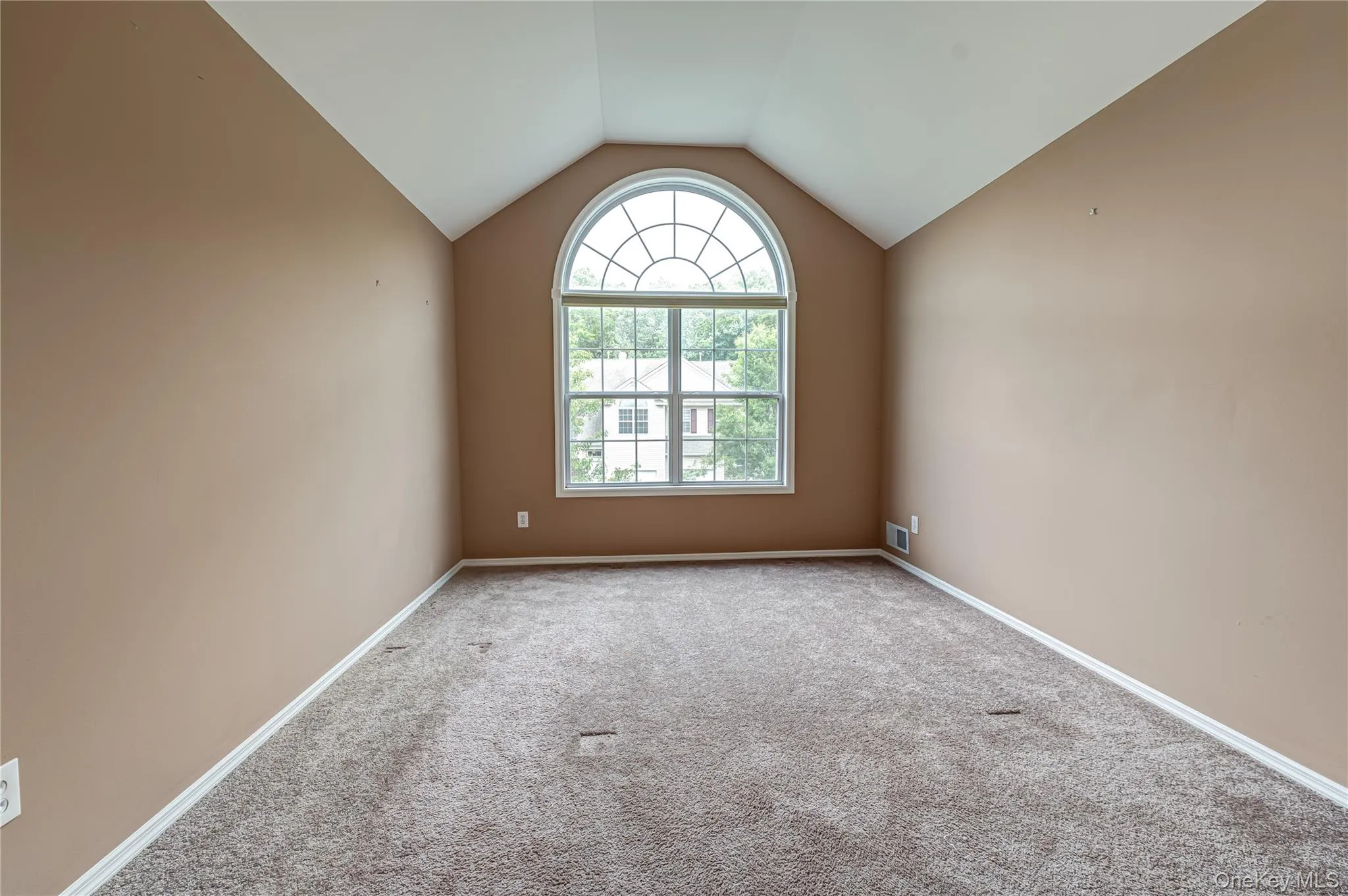 Room with a vaulted ceiling and an arched window featuring grid patterns, soft brown wall paint, and neutral-toned carpeting and large closet Room with a vaulted ceiling and an arched window featuring grid patterns, soft brown wall paint, and neutral-toned carpeting and large closet