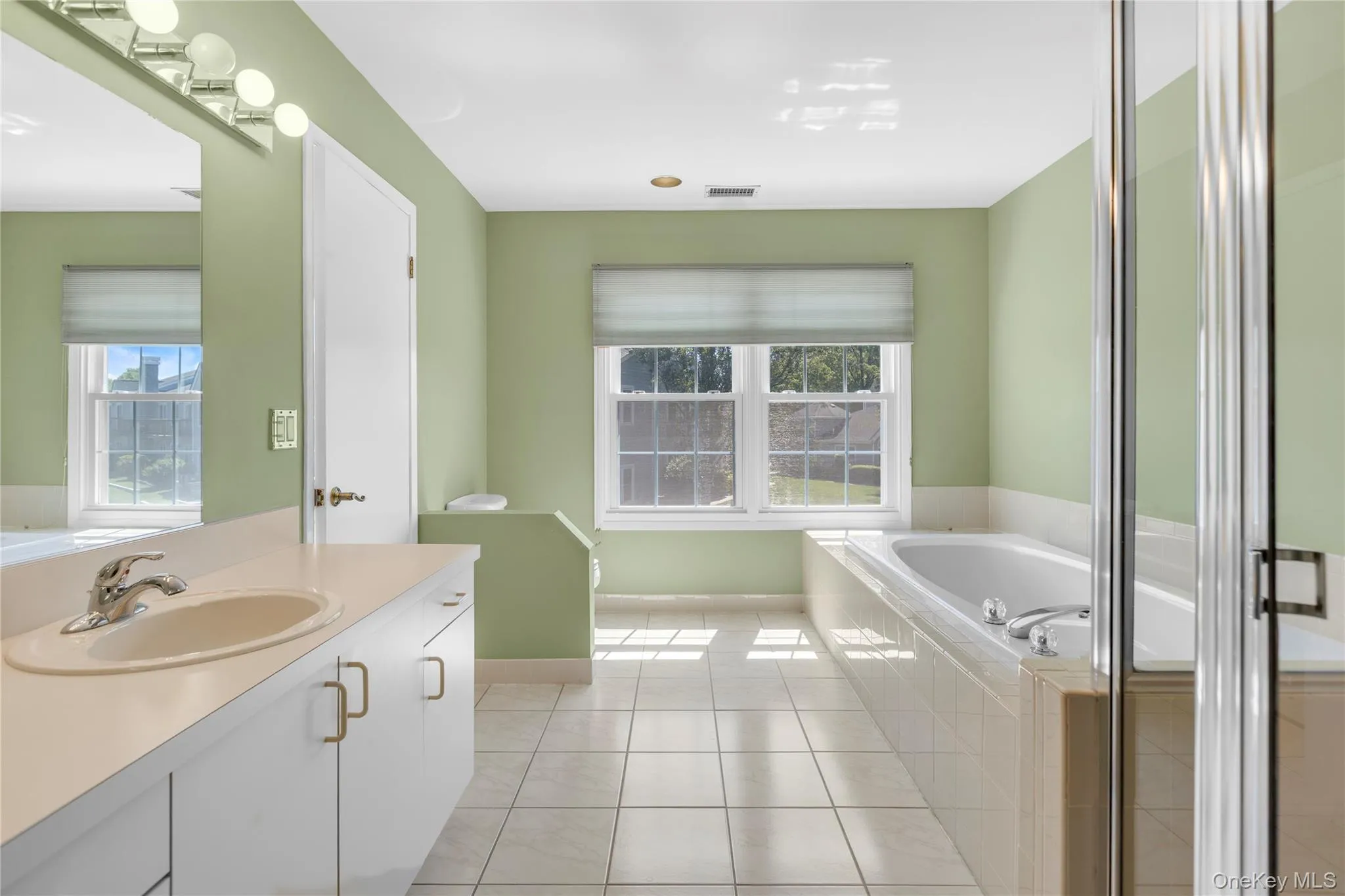 Bathroom featuring a built-in tub, separate glass-enclosed shower, dual windows, and a vanity with an integrated sink Bathroom featuring a built-in tub, separate glass-enclosed shower, dual windows, and a vanity with an integrated sink