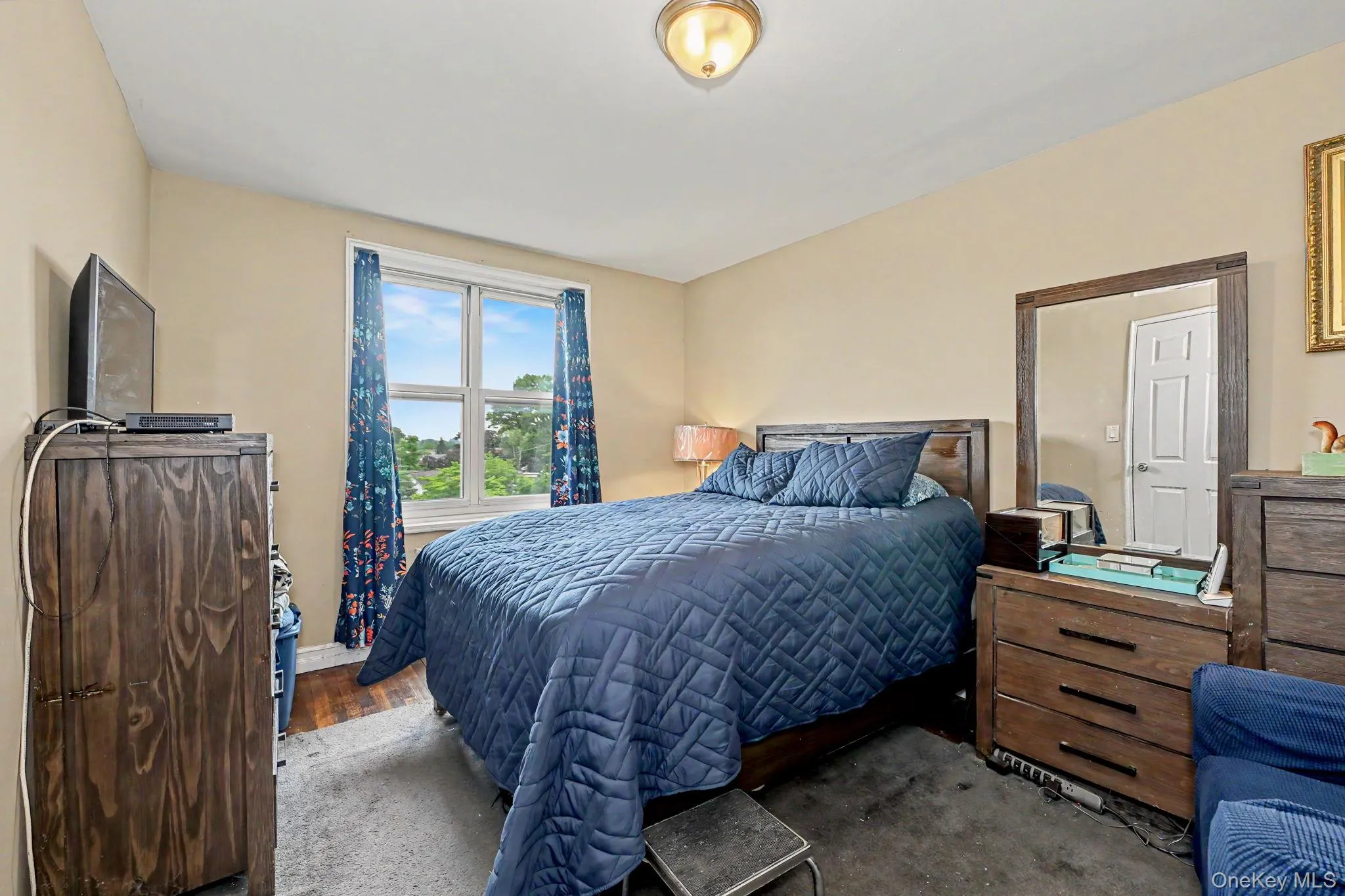 Bright room featuring a window with an outdoor landscape, neutral wall paint, and a ceiling-mounted light fixture Bright room featuring a window with an outdoor landscape, neutral wall paint, and a ceiling-mounted light fixture