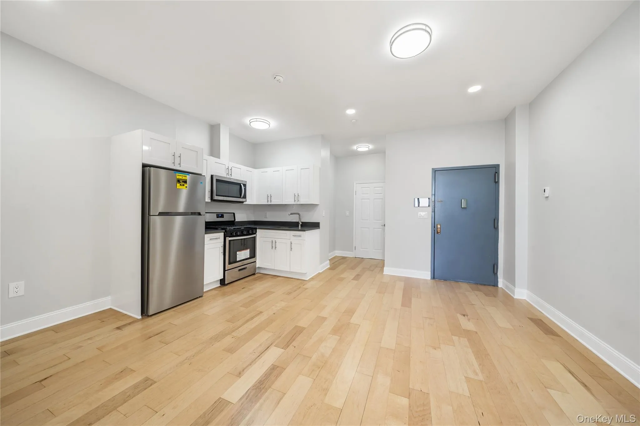 Open-concept room featuring wood-finish flooring, recessed lighting, and a modern kitchen Open-concept room featuring wood-finish flooring, recessed lighting, and a modern kitchen