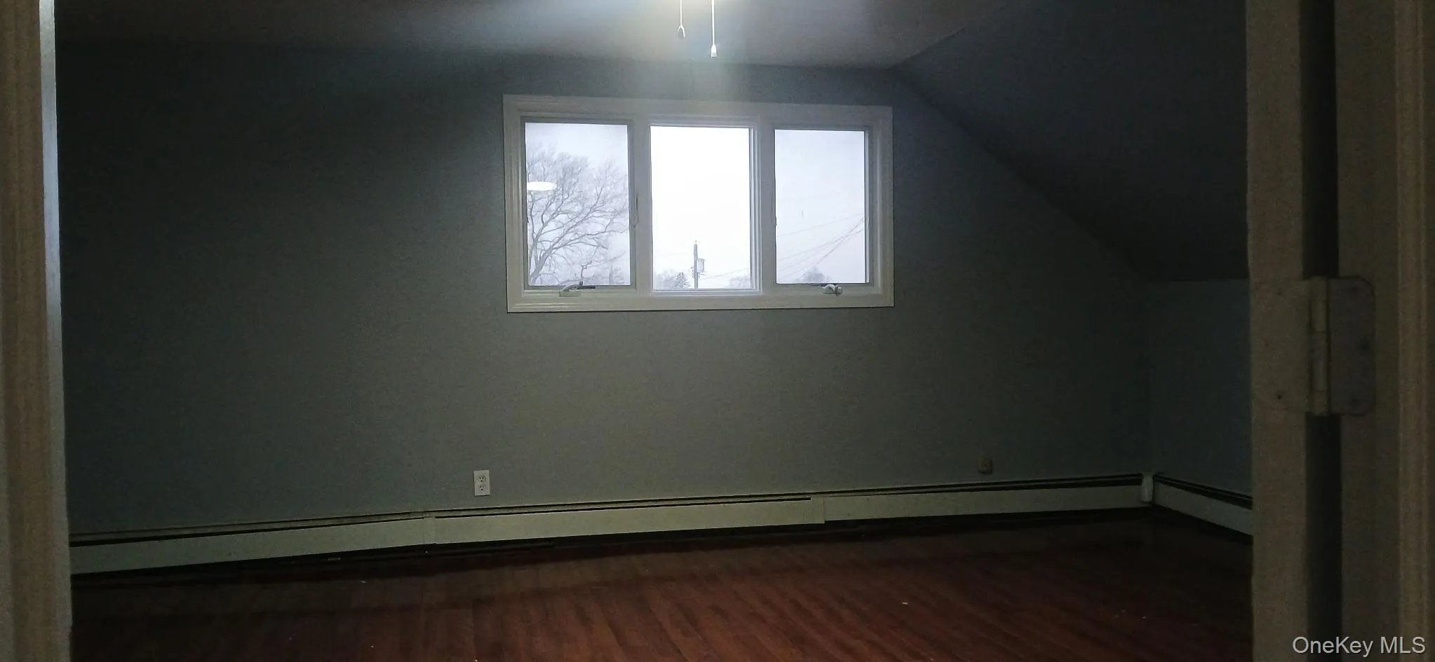 Additional living space featuring a baseboard radiator, dark wood finished floors, and lofted ceiling Additional living space featuring a baseboard radiator, dark wood finished floors, and lofted ceiling