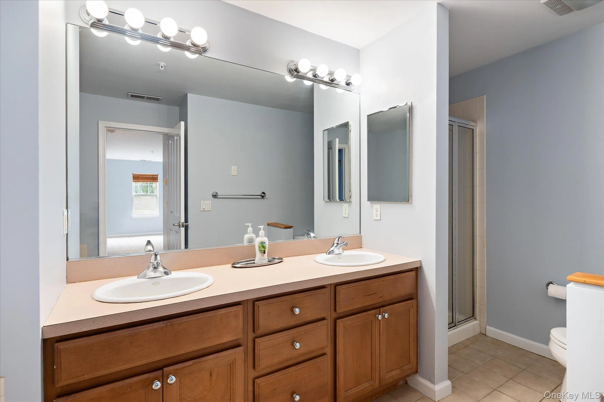 primary bathroom on lower level featuring dual sinks, jacuzzi tub and shower primary bathroom on lower level featuring dual sinks, jacuzzi tub and shower