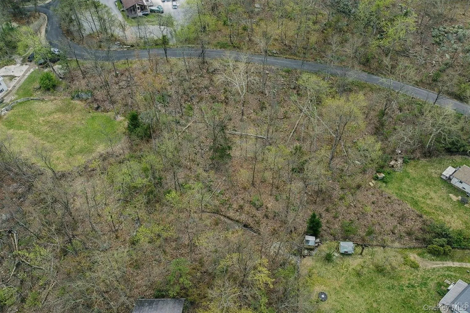 The property features extensive wooded areas with mature trees and a winding road The property features extensive wooded areas with mature trees and a winding road