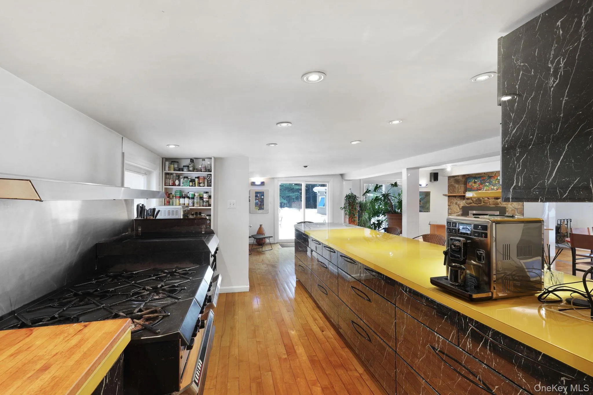 Kitchen featuring a trash compactor, updated appliances, and commerical stove Kitchen featuring a trash compactor, updated appliances, and commerical stove