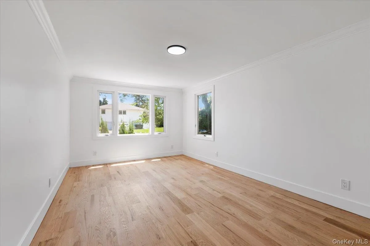 Unfurnished room with ornamental molding and light wood-type flooring Unfurnished room with ornamental molding and light wood-type flooring