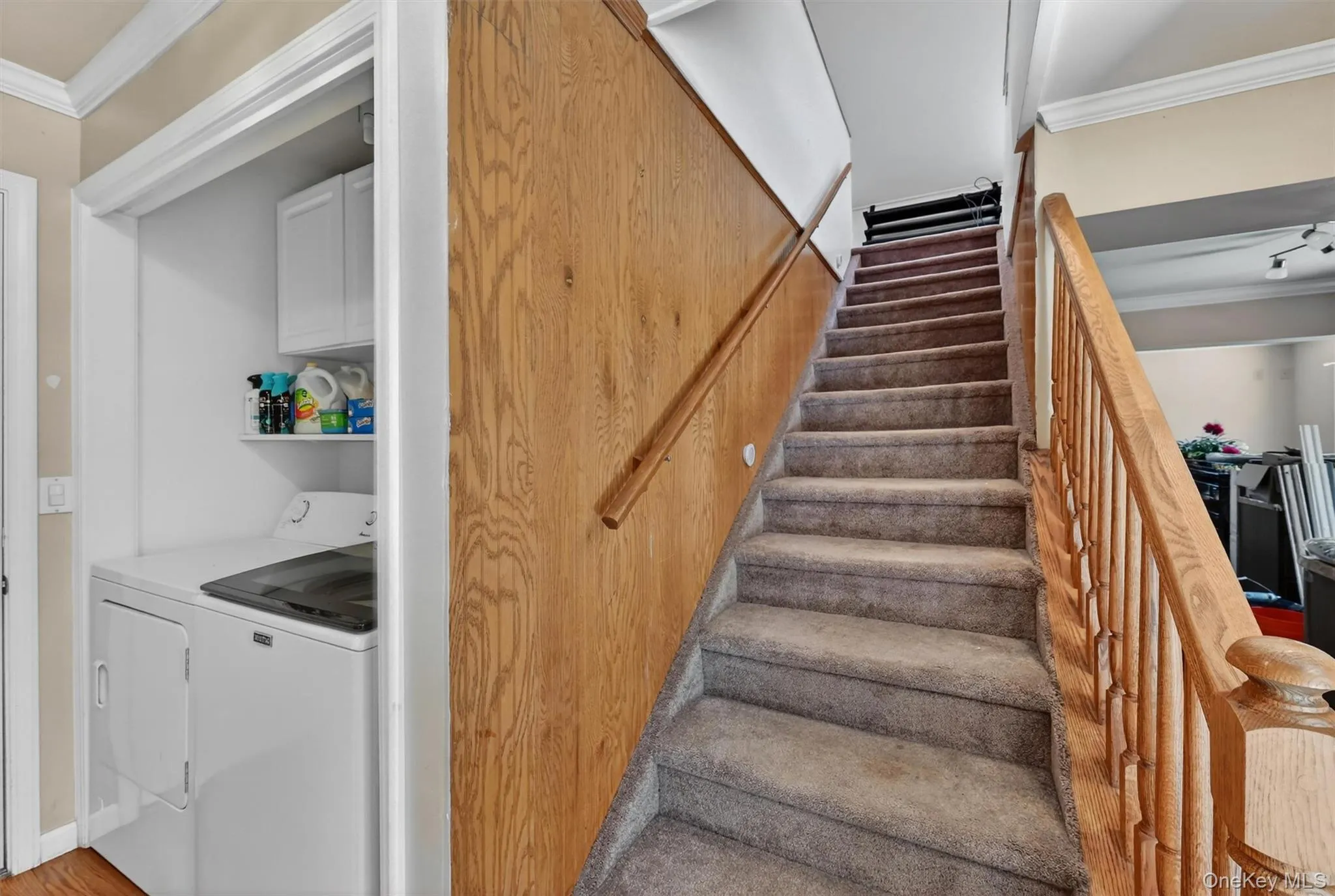 Carpeted staircase with a wood-paneled accent wall and a wood handrail Carpeted staircase with a wood-paneled accent wall and a wood handrail