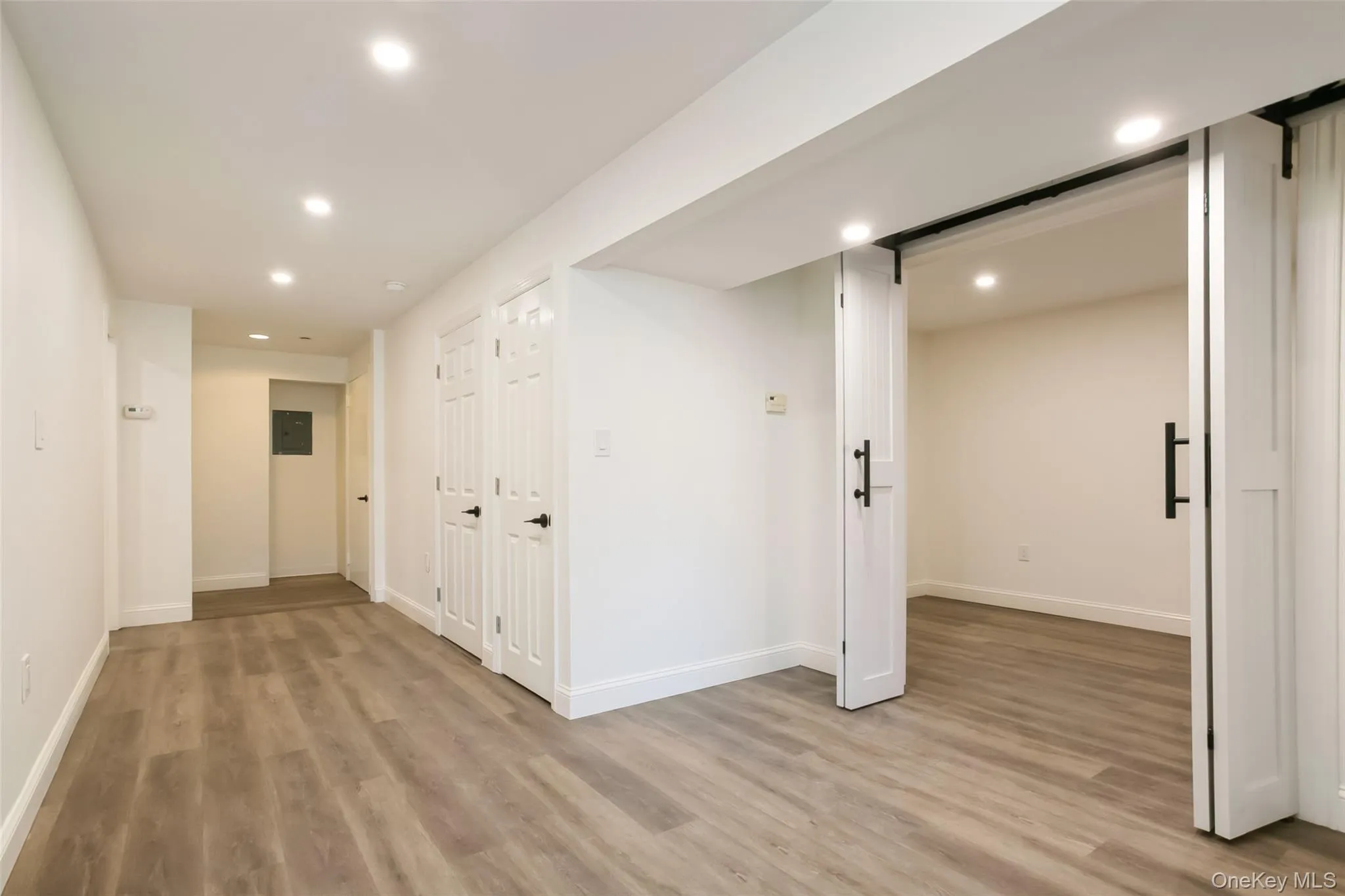 Below grade area featuring a barn door, recessed lighting, baseboards, and light wood finished floors Below grade area featuring a barn door, recessed lighting, baseboards, and light wood finished floors