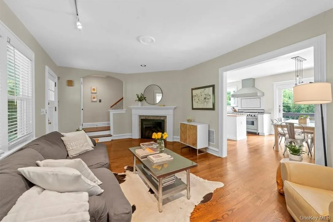 Living room with light hardwood / wood-style floors and track lighting Living room with light hardwood / wood-style floors and track lighting