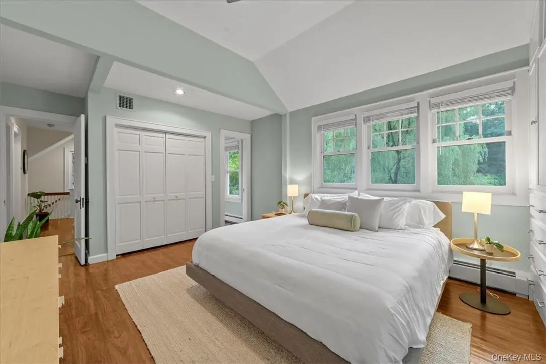 Bedroom featuring a closet, light hardwood / wood-style flooring, multiple windows, and a baseboard radiator Bedroom featuring a closet, light hardwood / wood-style flooring, multiple windows, and a baseboard radiator