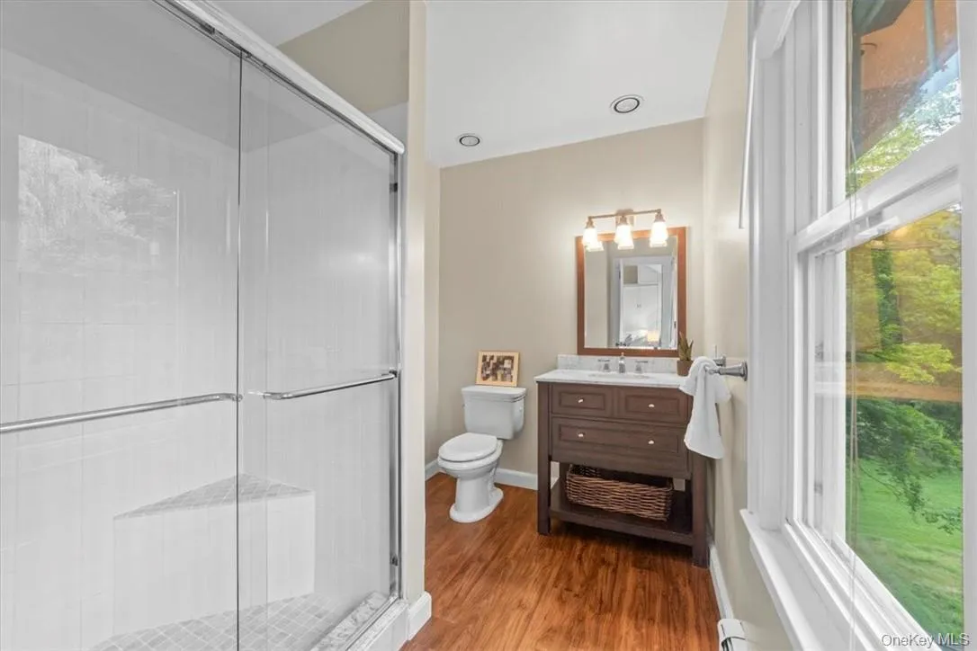 Bathroom featuring hardwood / wood-style flooring, a shower with door, toilet, and vanity Bathroom featuring hardwood / wood-style flooring, a shower with door, toilet, and vanity