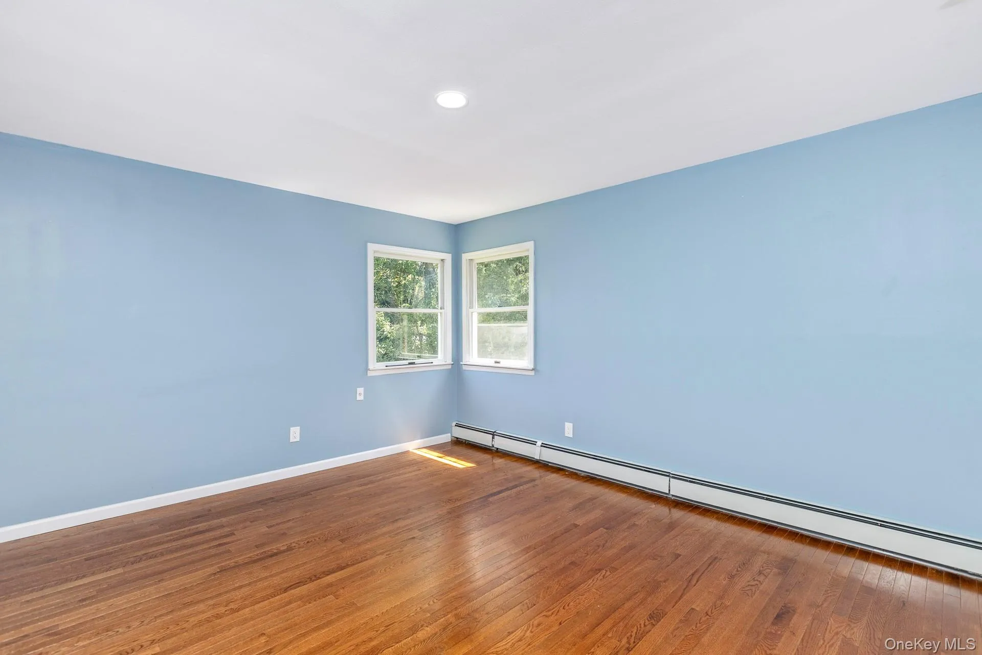 Hardwood flooring, recessed lighting, and two windows with white trim Hardwood flooring, recessed lighting, and two windows with white trim