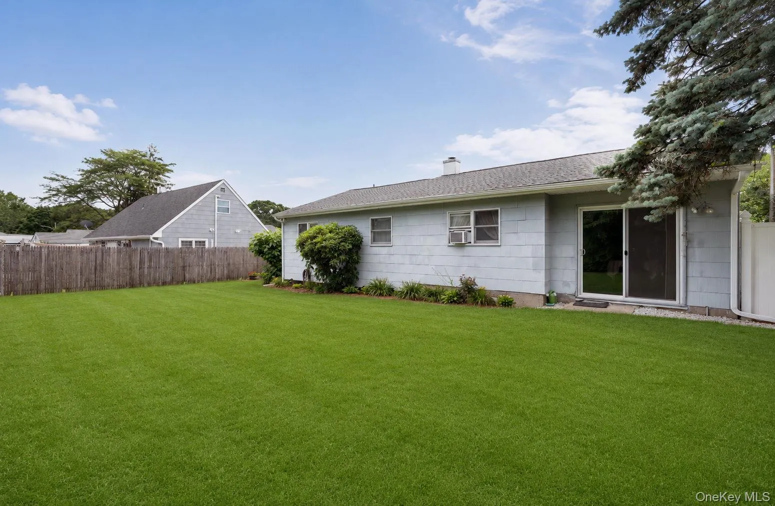 Expansive green lawn with a wooden privacy fence Expansive green lawn with a wooden privacy fence