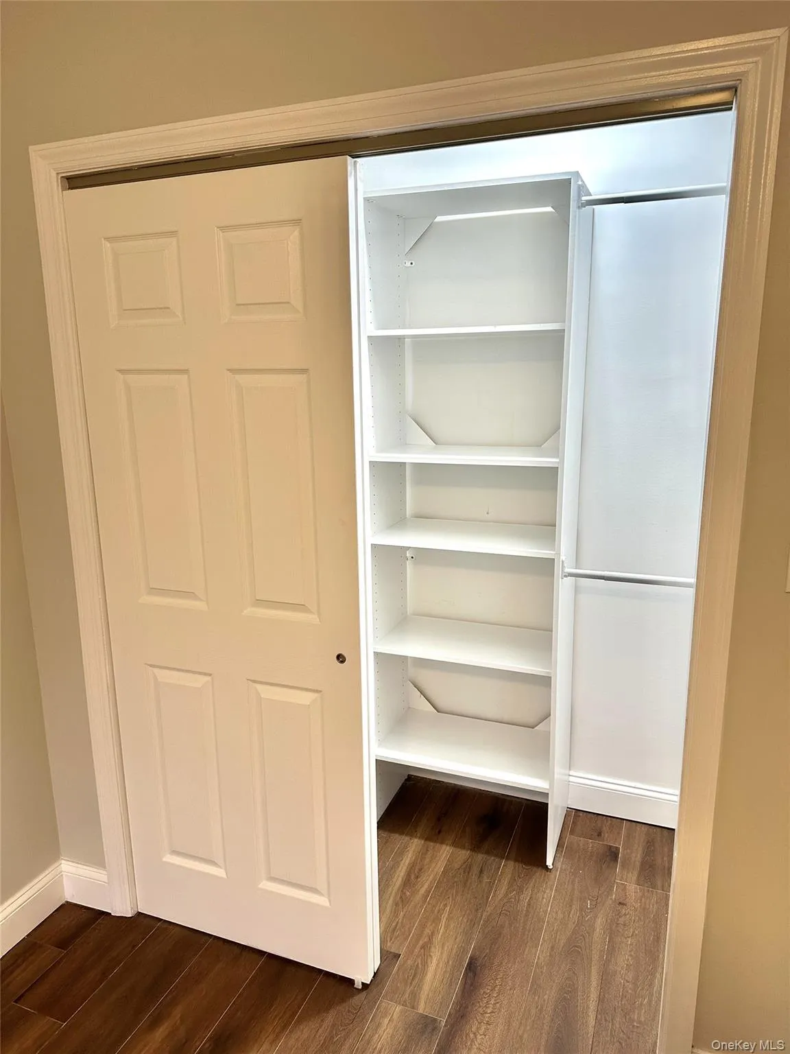 Closet featuring a bi-fold door, built-in shelving, and wood-finish flooring Closet featuring a bi-fold door, built-in shelving, and wood-finish flooring