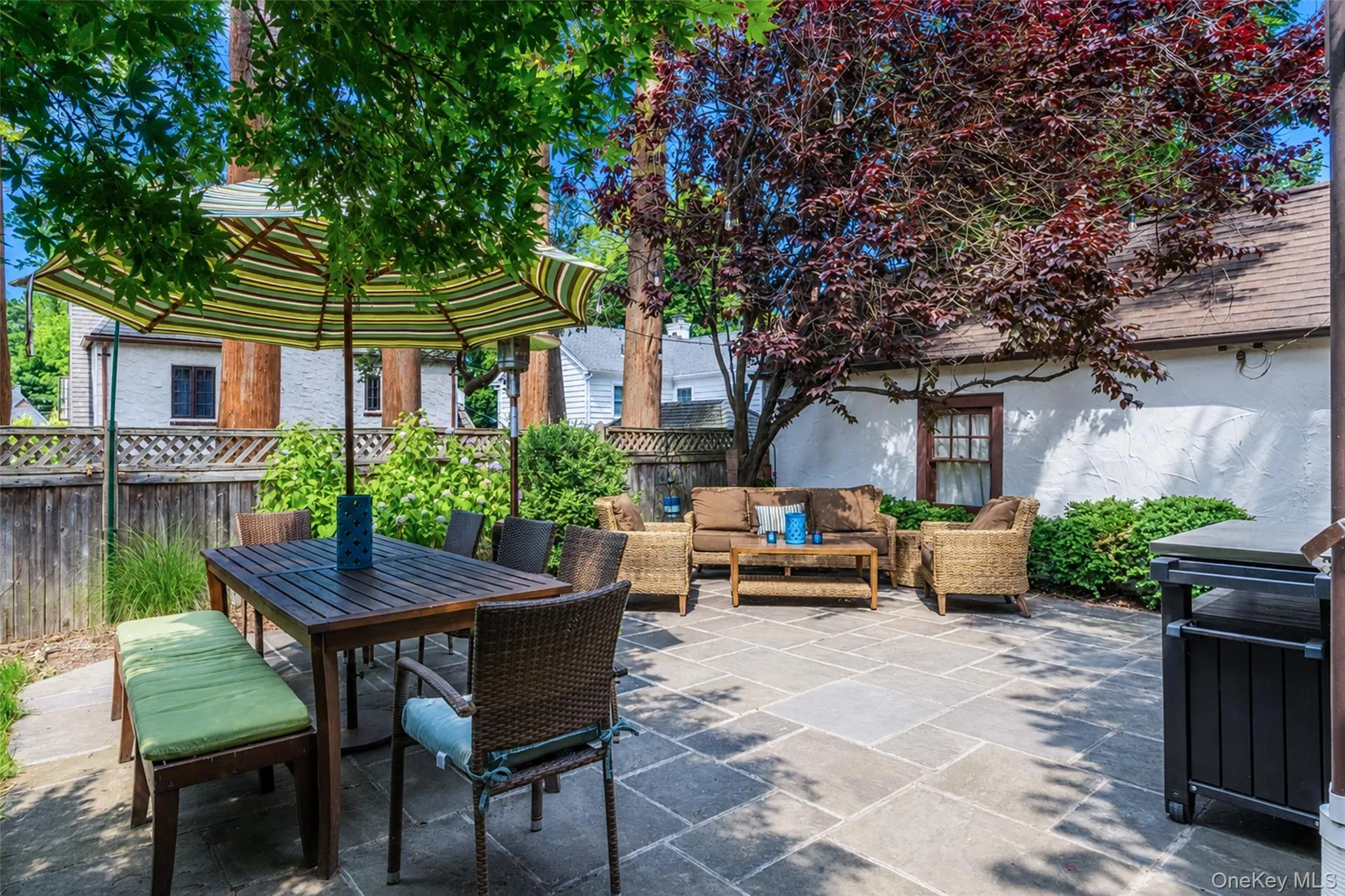 Private backyard patio is ready for dining and entertaining Private backyard patio is ready for dining and entertaining
