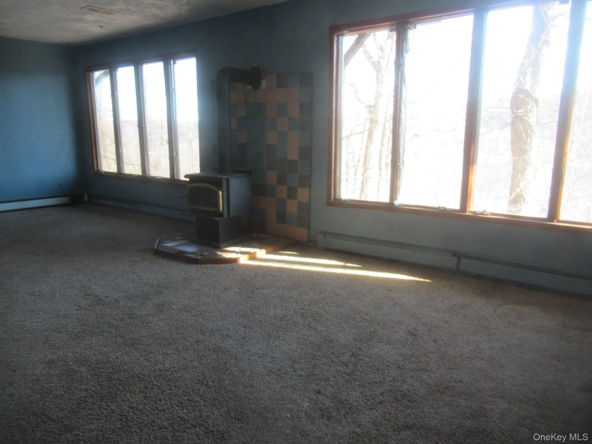 Unfurnished living room with a wood stove, baseboard heating, and carpet floors Unfurnished living room with a wood stove, baseboard heating, and carpet floors