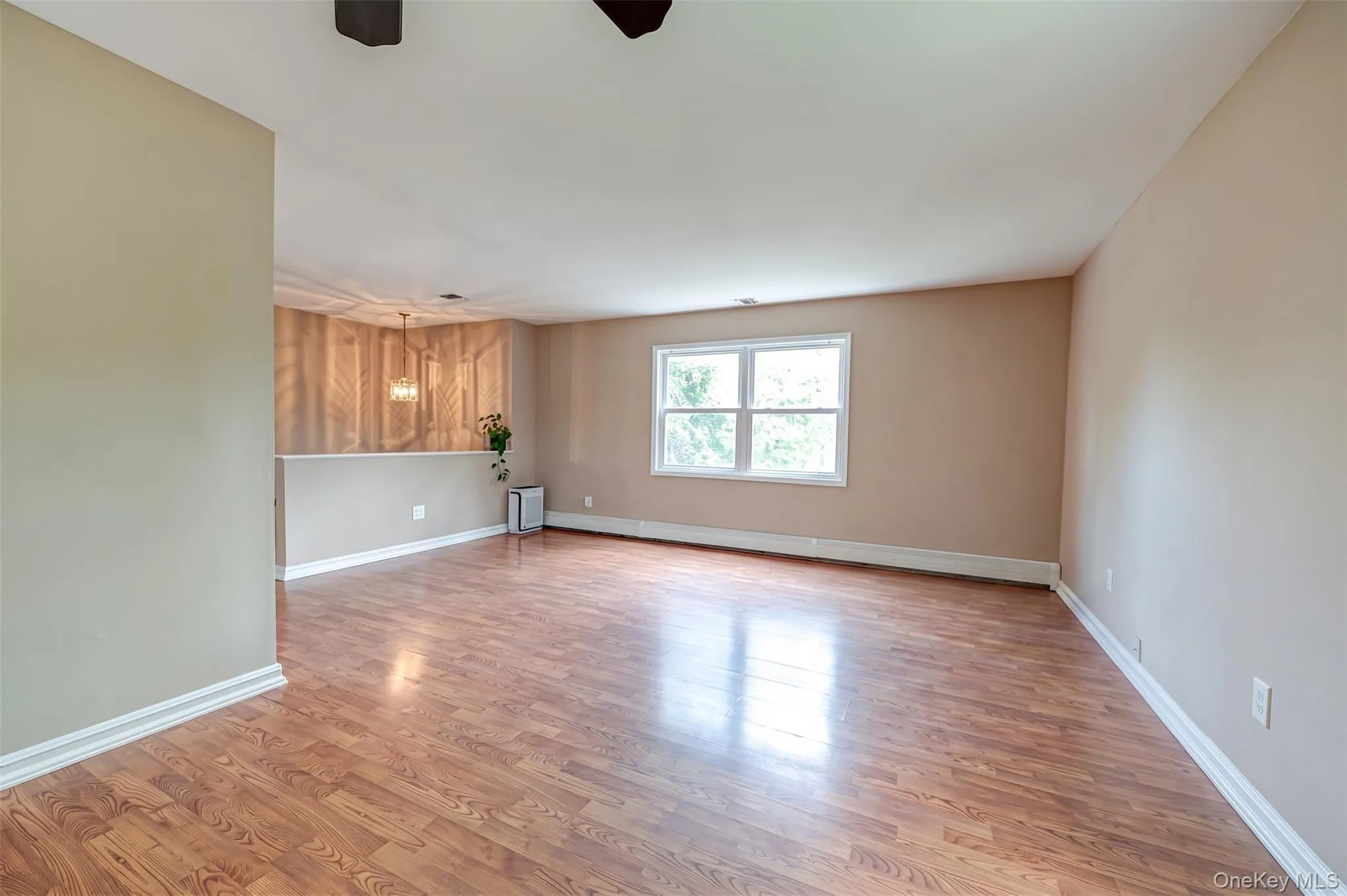 Spacious interior room featuring wood-finish flooring, neutral wall tones, and white trim Spacious interior room featuring wood-finish flooring, neutral wall tones, and white trim